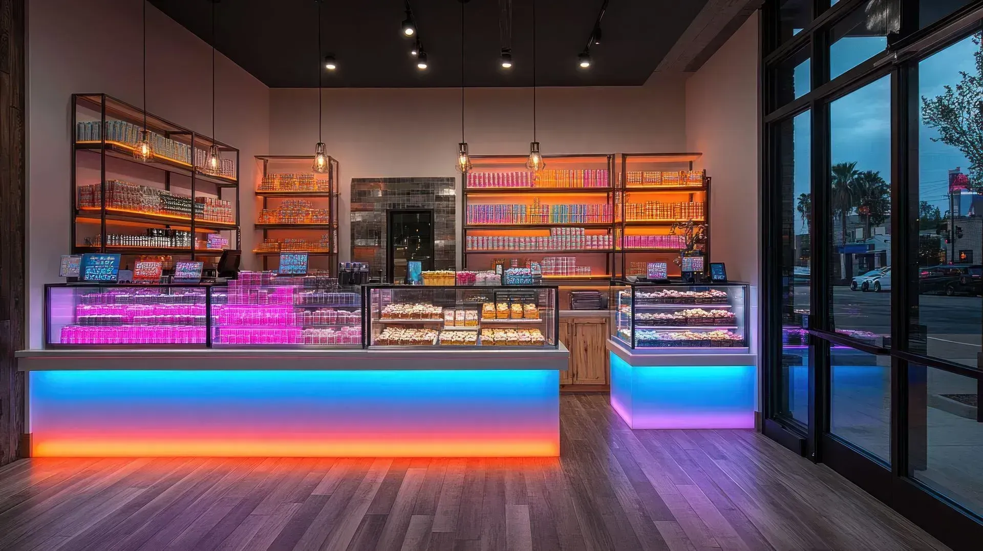 Modern café counter with colorful neon lighting, shelves of pastries, and glass doors on the right.