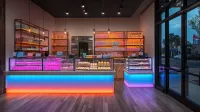 Modern café counter with colorful neon lighting, shelves of pastries, and glass doors on the right.