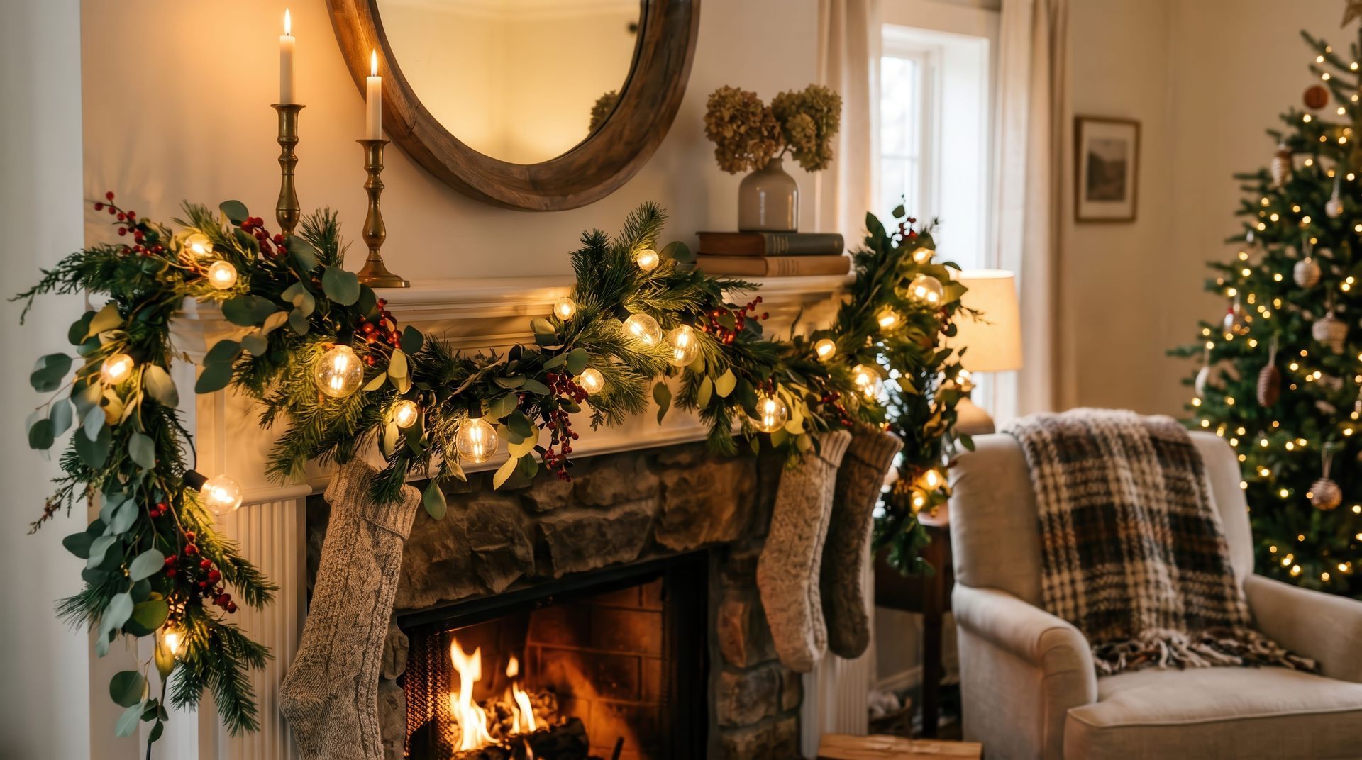Festive fireplace mantel with garland, lights, candles, and a lit fire in a cozy living room