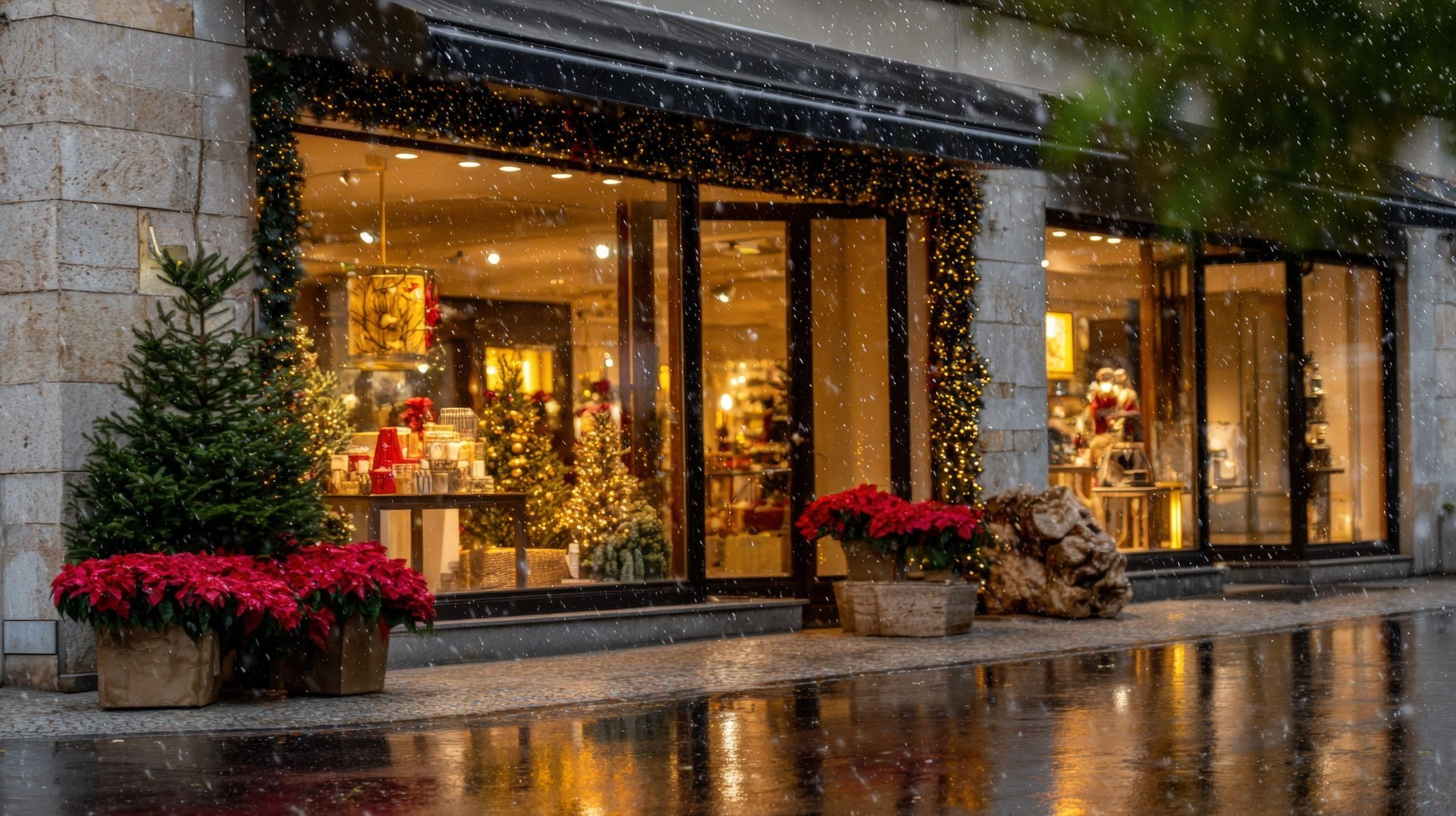 Snowy storefront with warm holiday lights, decorated windows, and red poinsettias on a wet sidewalk.