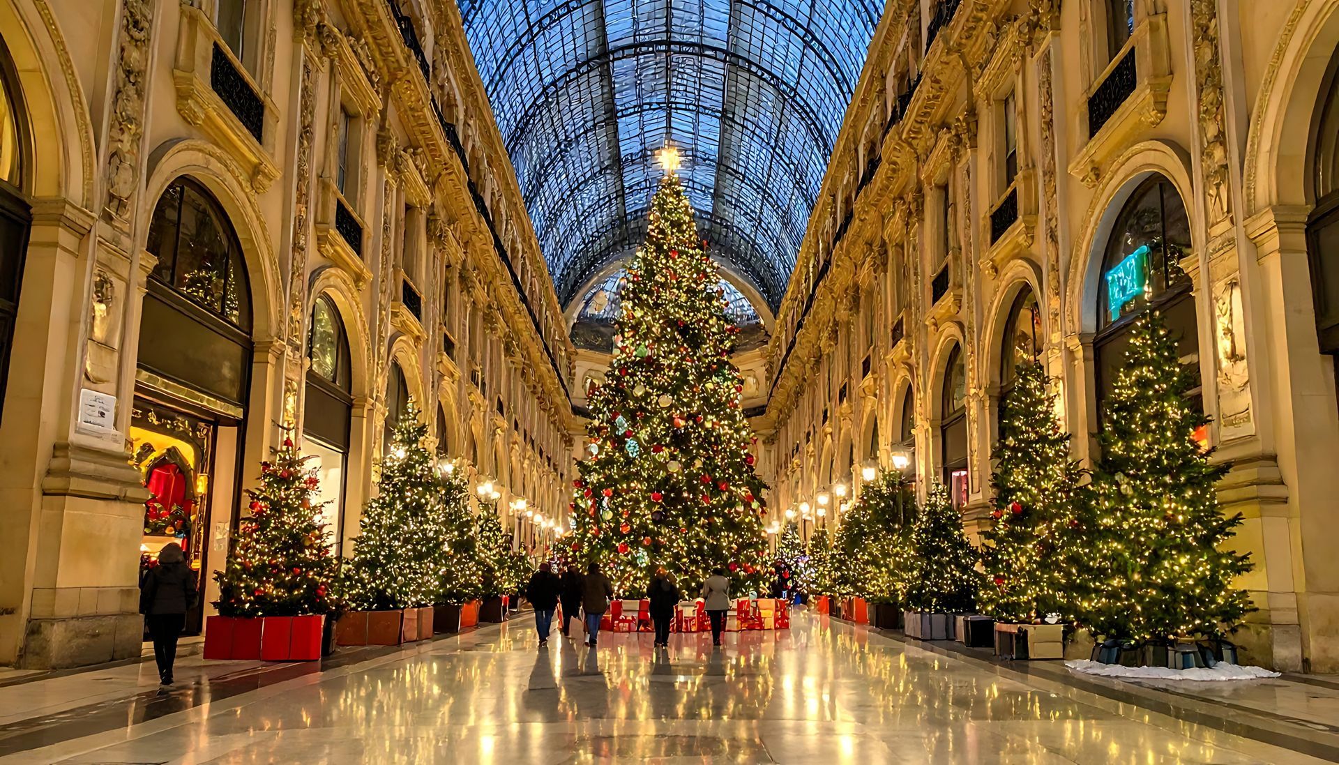 Grand shopping mall decorated with Christmas trees and lights under a vaulted glass ceiling