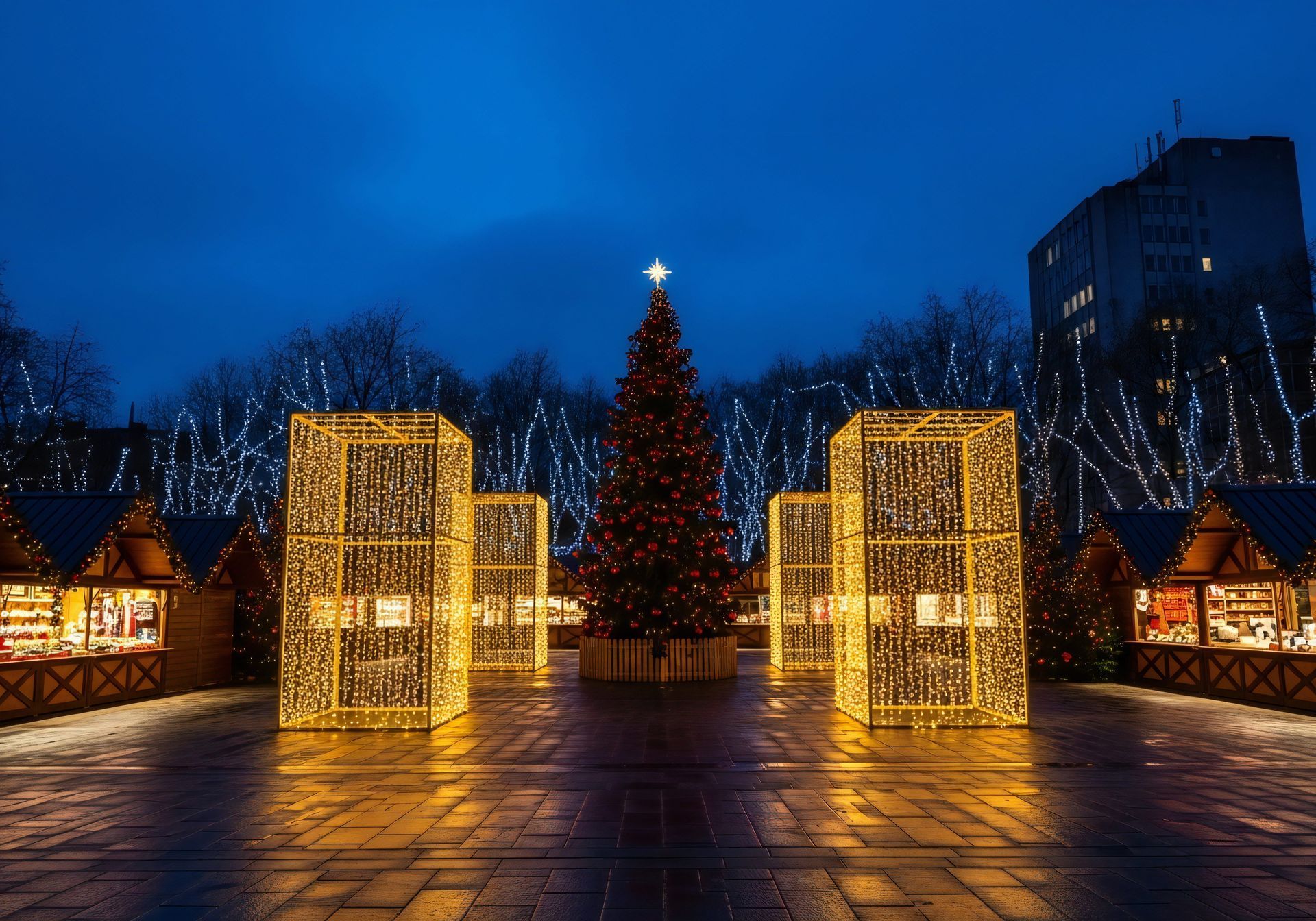 Illuminated holiday market with two glowing archways, a lit Christmas tree, and a blue evening sky