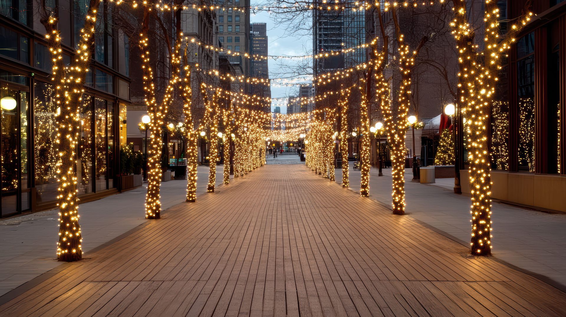 Twilight city street lined with trees wrapped in warm white string lights