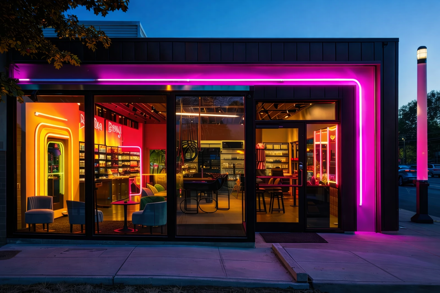 Modern storefront at dusk with neon pink and orange lighting glowing through large glass windows