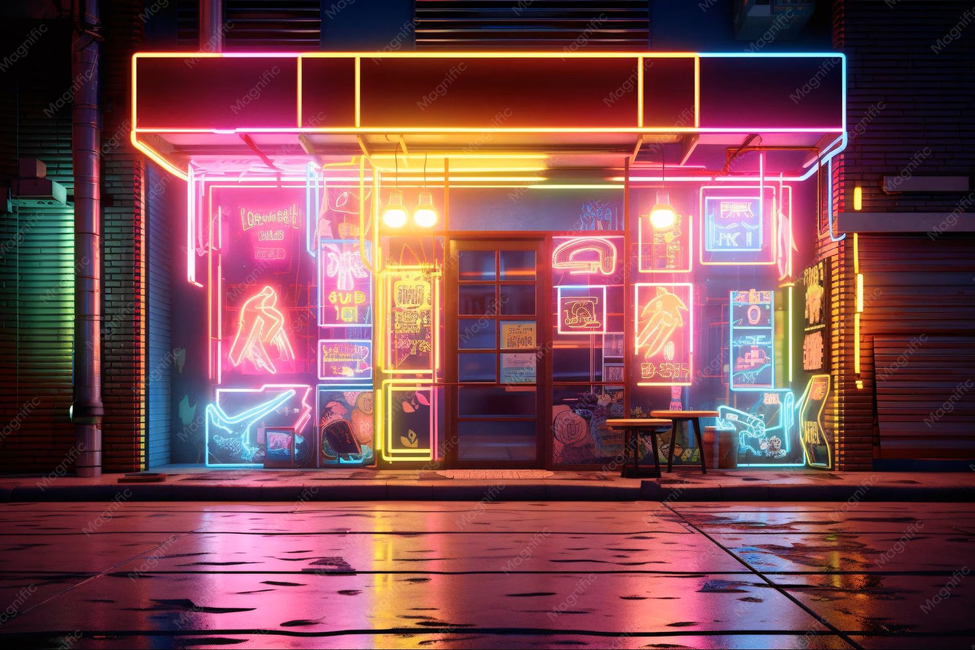 Neon-lit storefront at night with glowing pink, blue, and orange signs reflecting on wet pavement