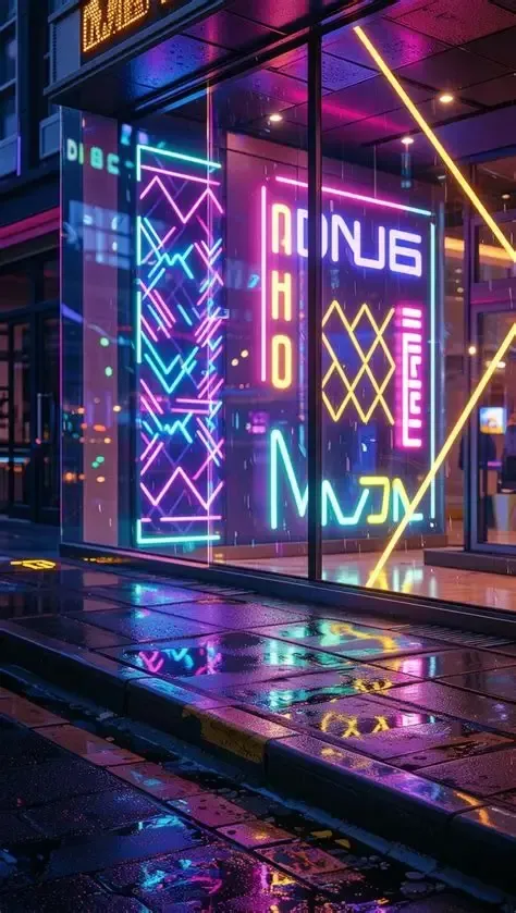 Neon-lit storefront with colorful signs reflecting on wet pavement at night