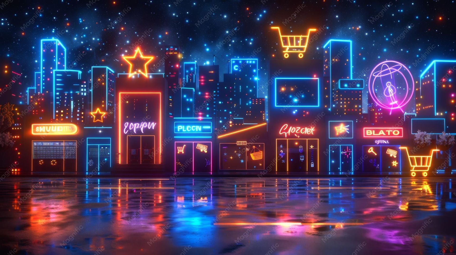 Neon-lit city storefronts at night with glowing signs, reflections on wet pavement, and a Ferris wheel in the background