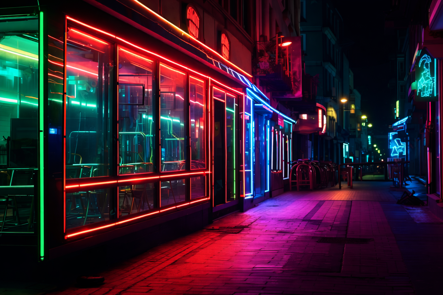 Neon-lit empty street with colorful storefronts and glowing reflections at night