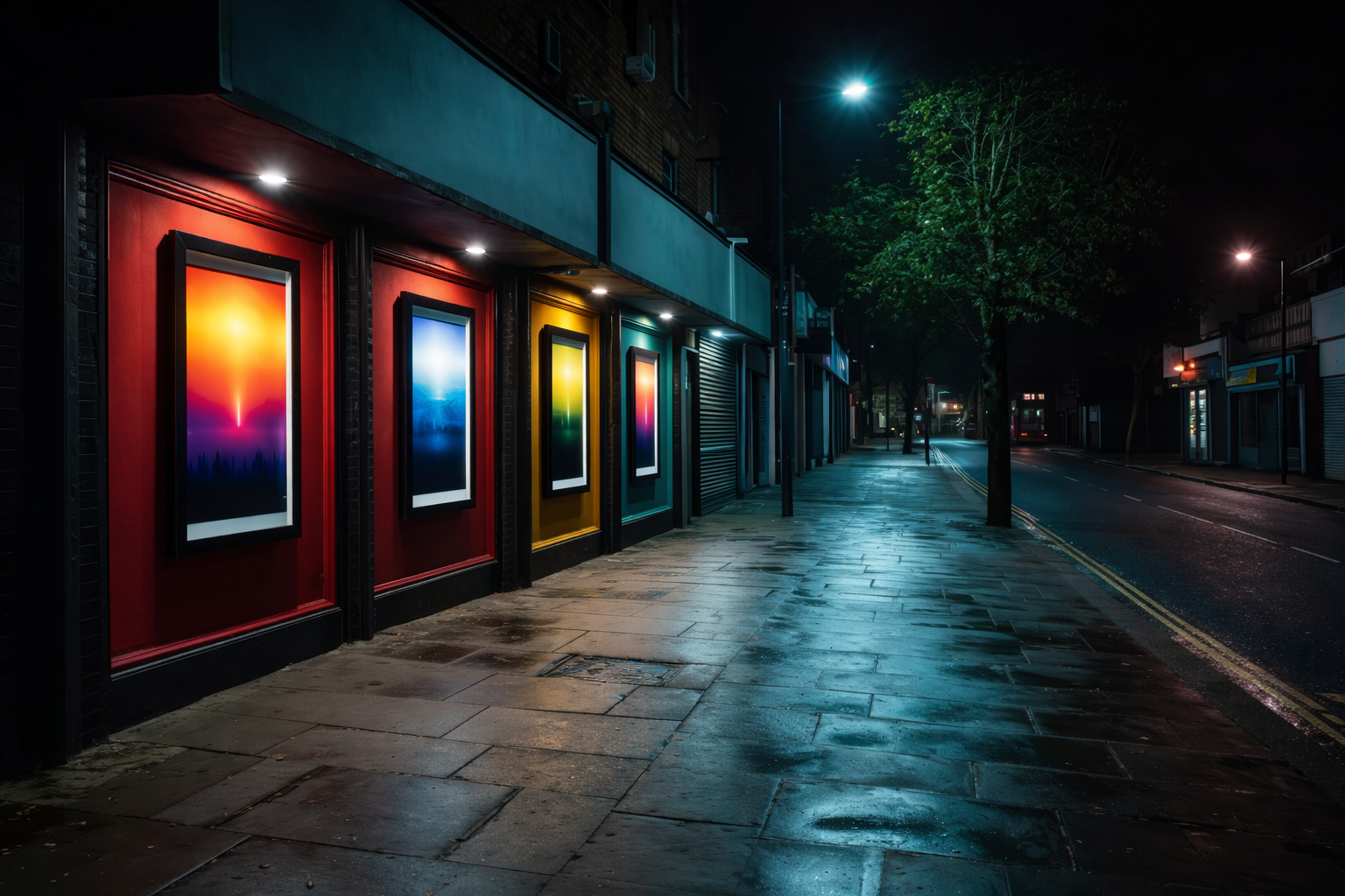 Empty wet city street at night with colorful illuminated storefront windows and reflections on the pavement