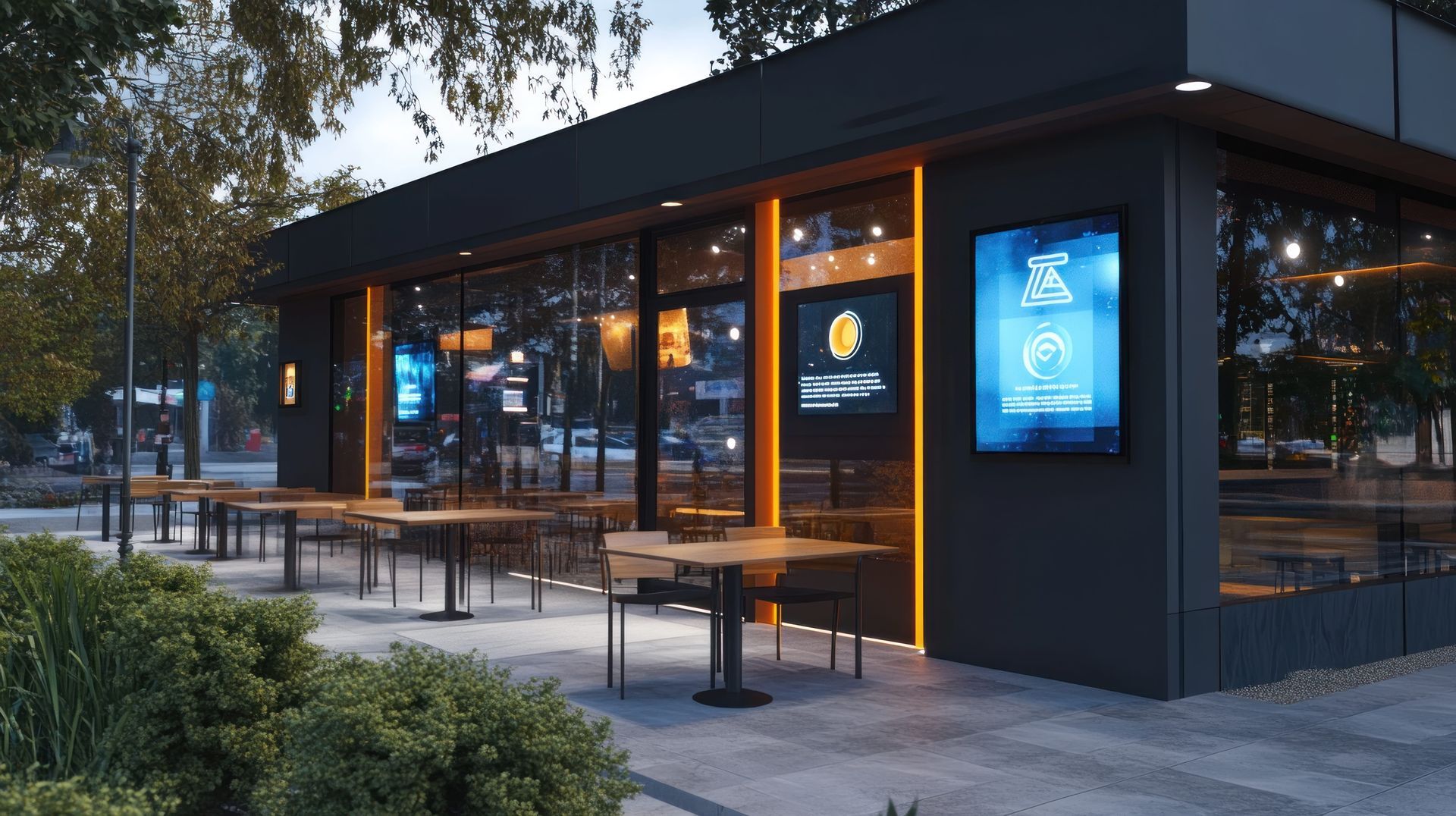 Modern glass café at dusk with outdoor tables, warm interior lights, and illuminated signage.