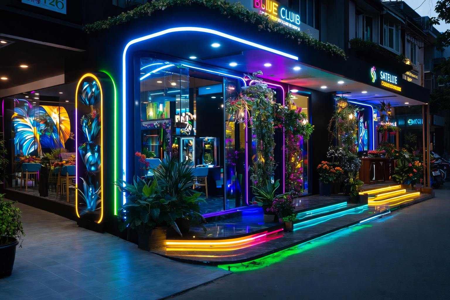 Neon-lit modern café storefront at night with colorful LED accents and glass walls