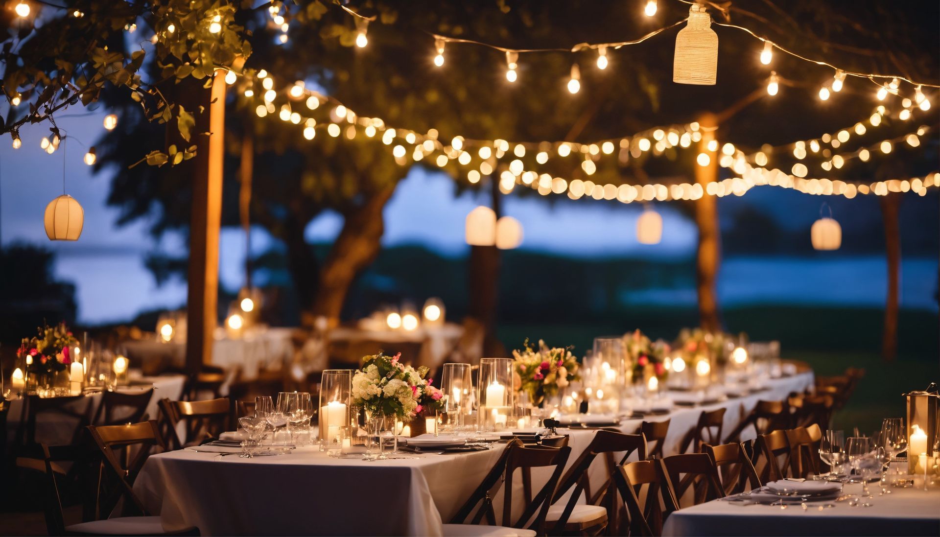Outdoor dinner tables under warm string lights at dusk, set for a festive evening event.