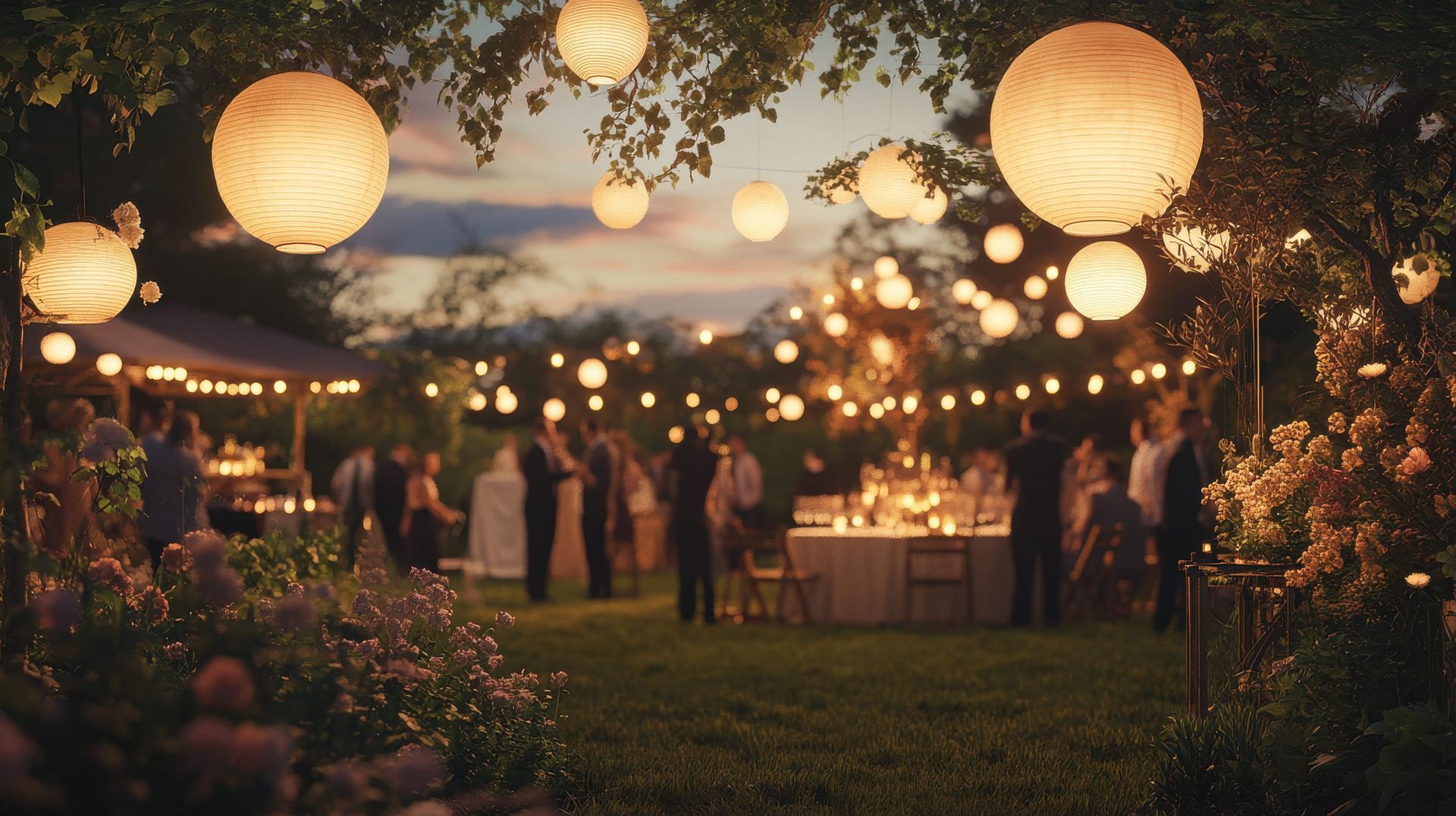 Outdoor evening wedding reception with glowing paper lanterns, string lights, and guests gathered around tables