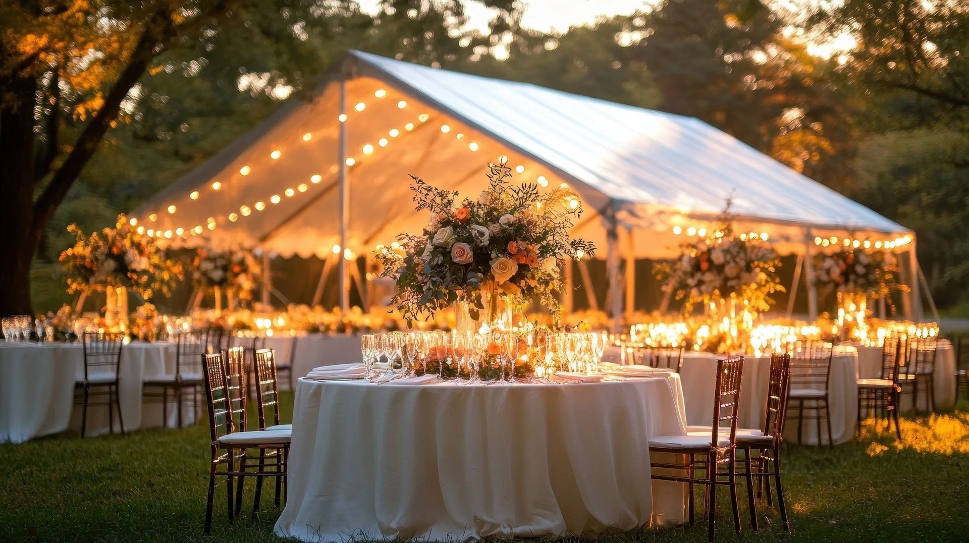 Outdoor wedding reception under a lit white tent with round tables and string lights at sunset