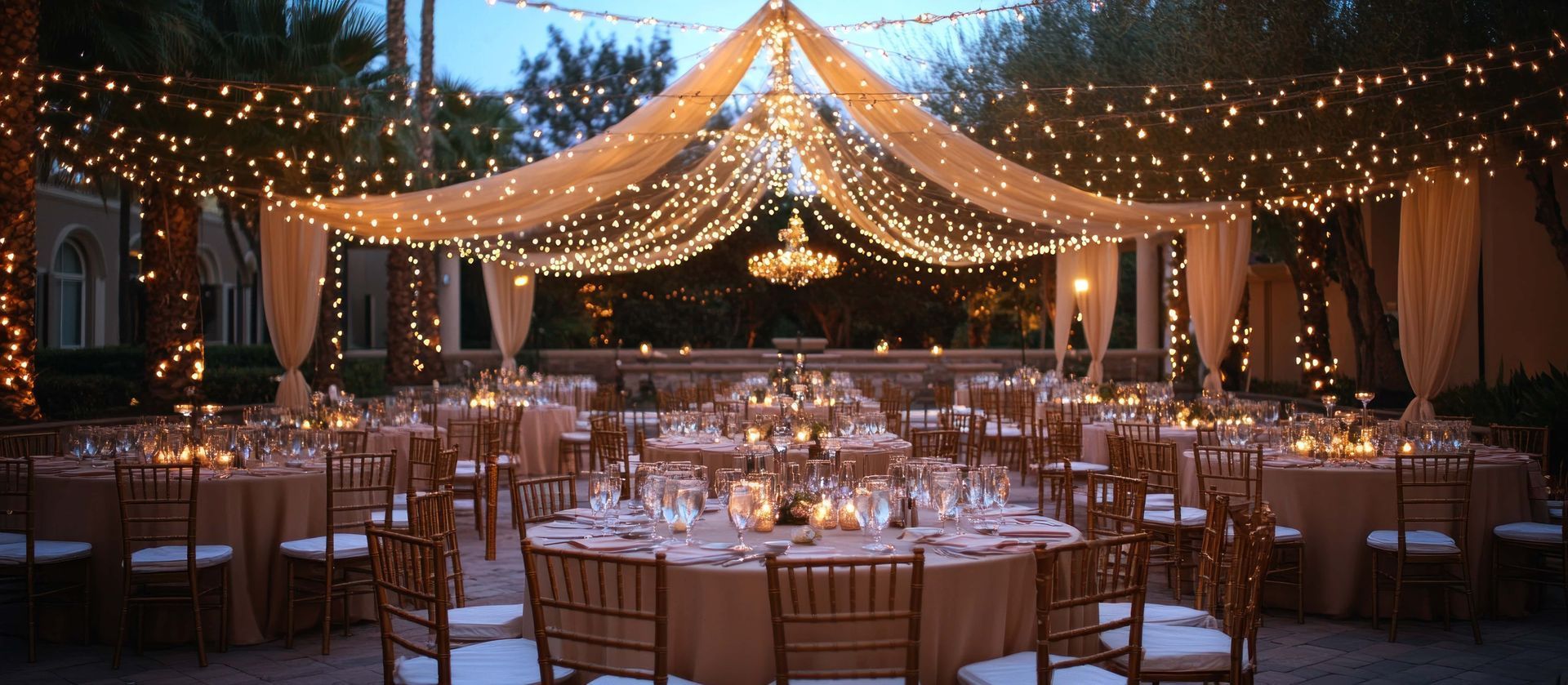 Elegant outdoor wedding reception with twinkling lights, draped canopy, and round tables set for guests