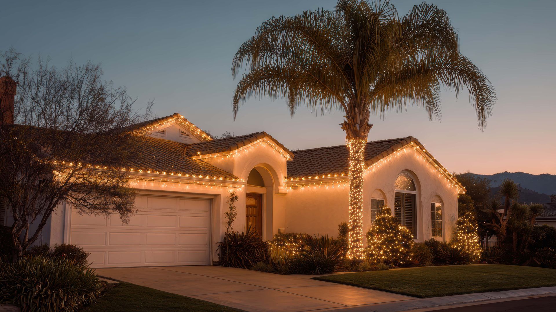 Single-story house at dusk with warm holiday lights and a tall palm tree in the front yard