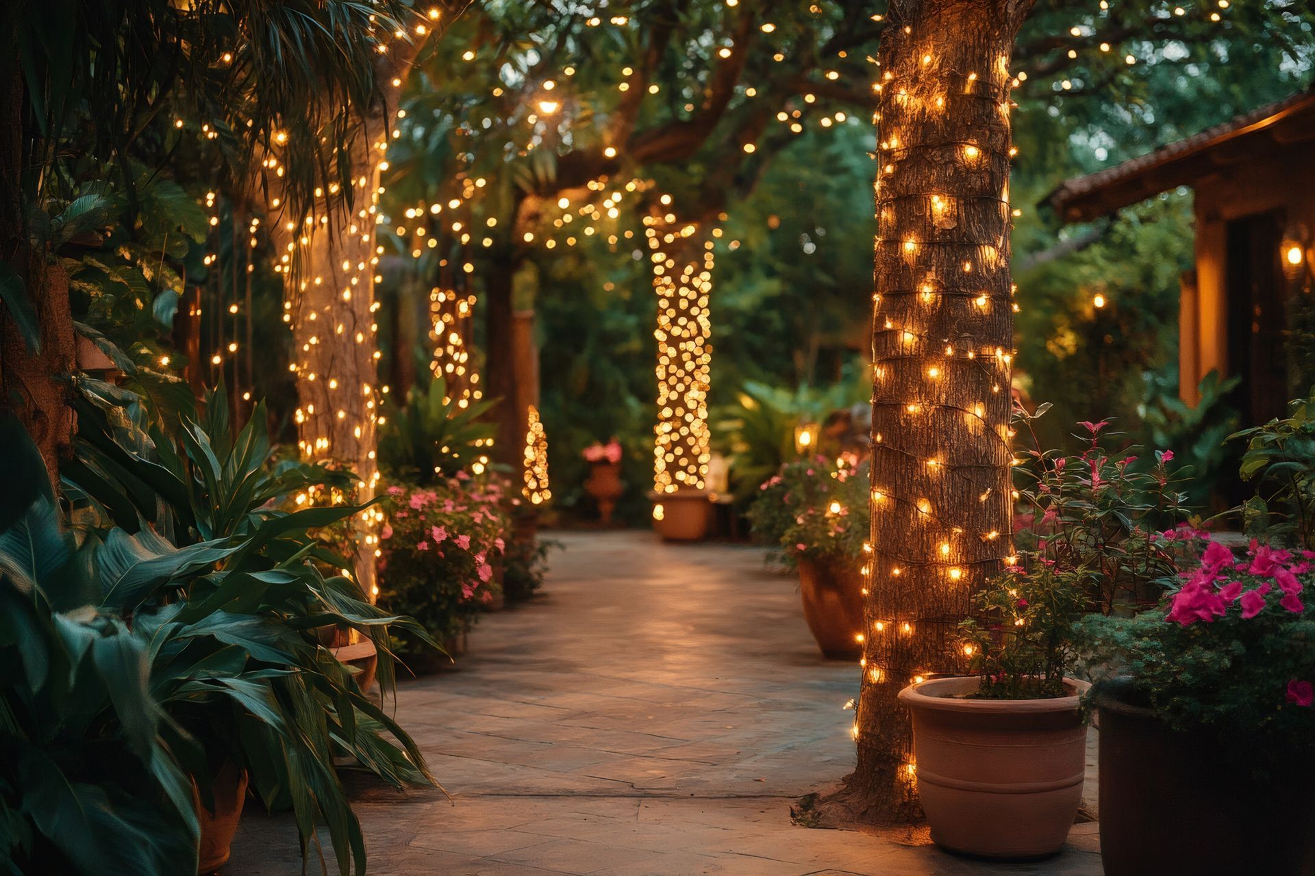Twilight garden walkway lined with trees wrapped in warm string lights and potted plants
