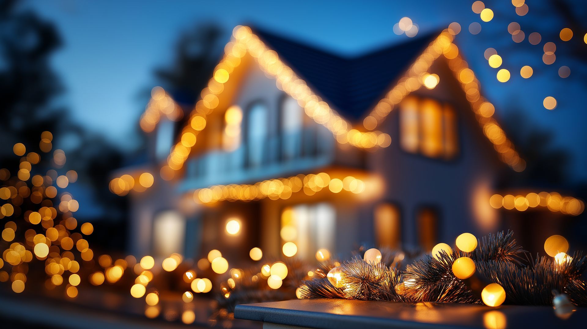 A cozy house glowing with warm holiday lights and blurred bokeh in a snowy evening scene