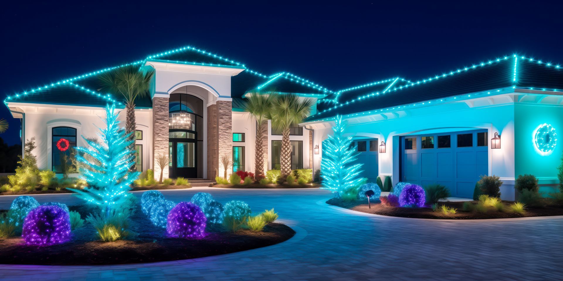 Luxury house at night with bright blue roof lights, palm trees, and colorful garden lighting