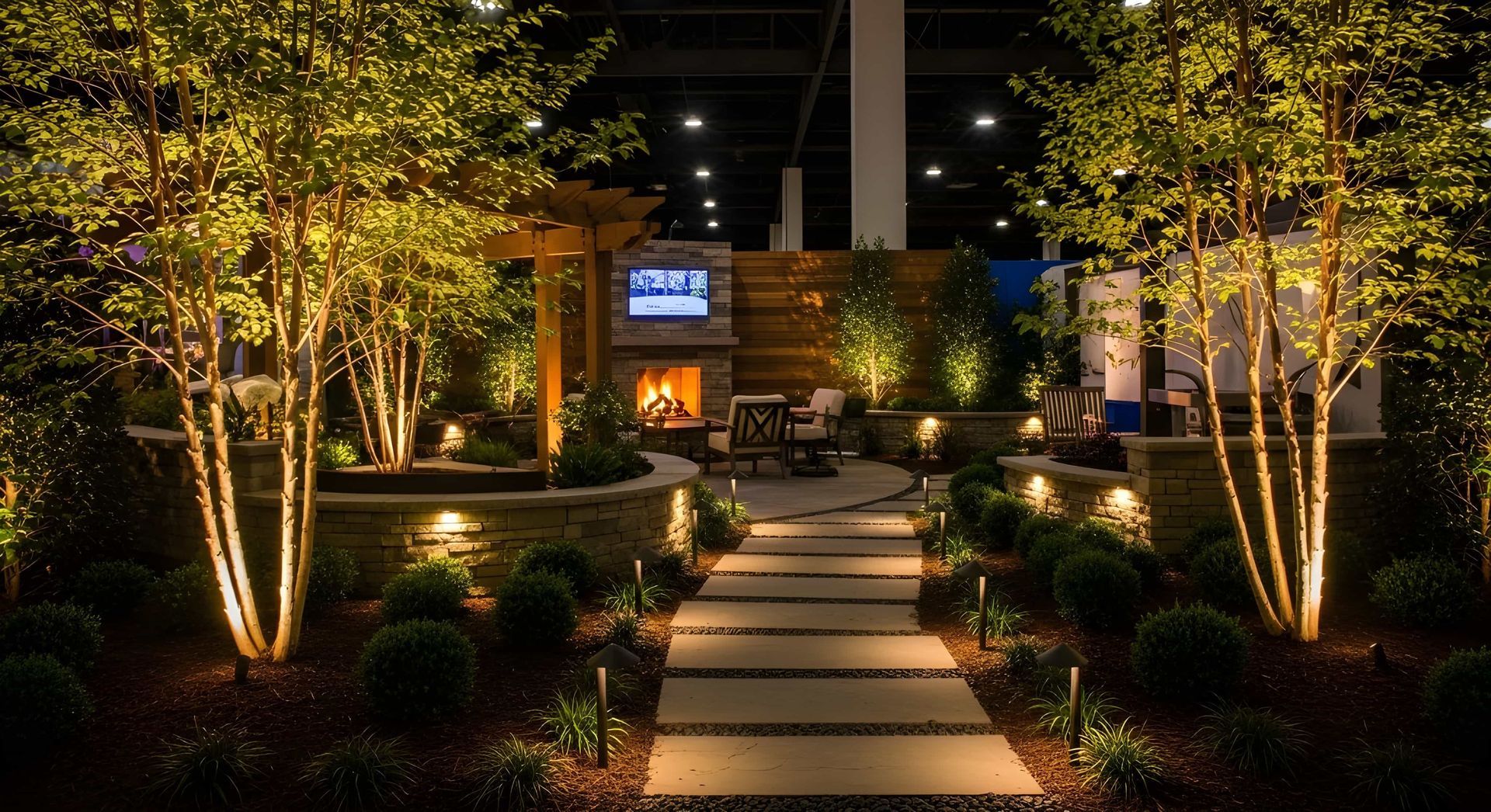 Lit walkway leading to a warmly lit modern house at night, framed by illuminated trees and shrubs