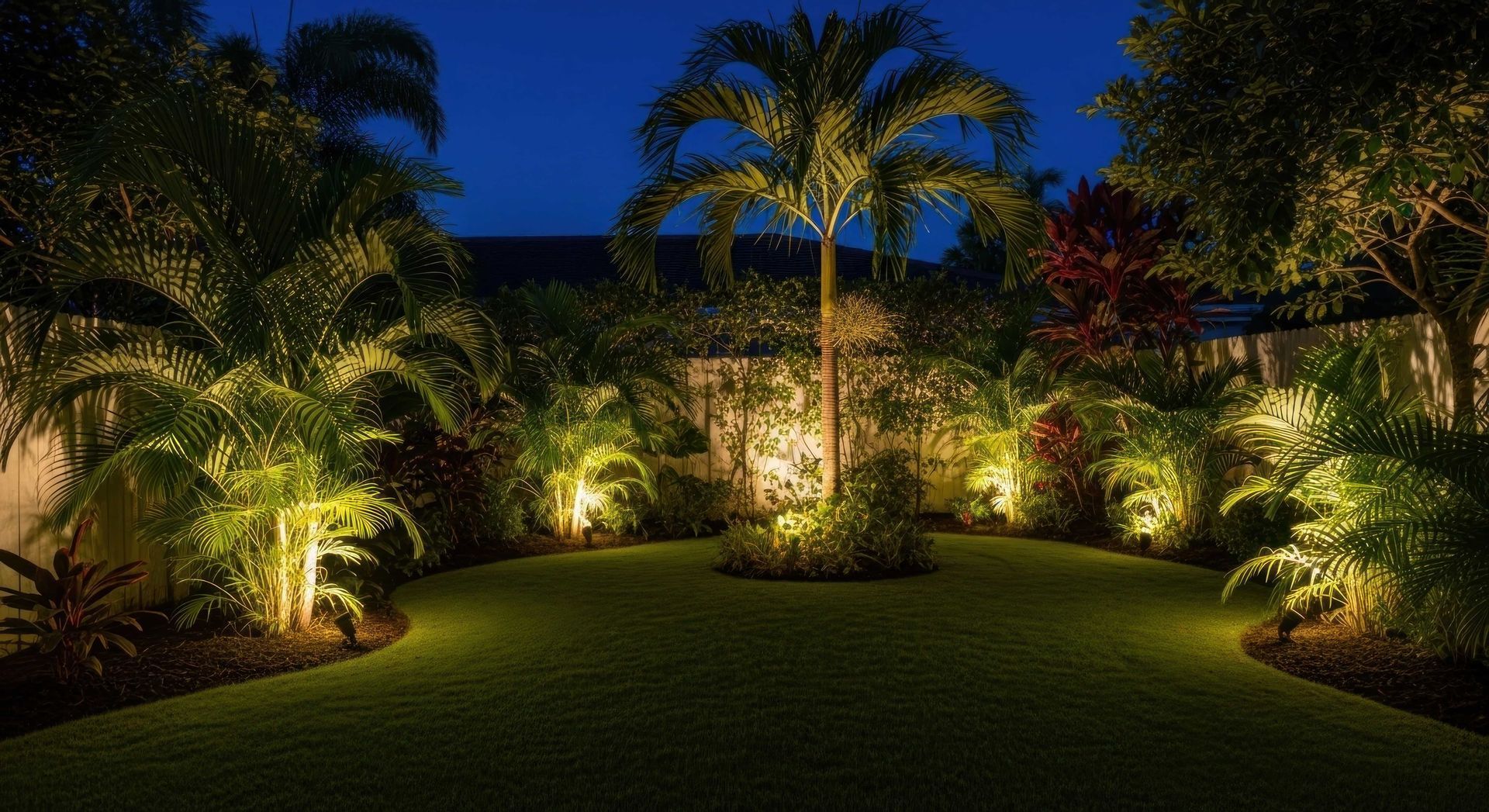 Illuminated tropical garden at night with palm trees and manicured lawn
