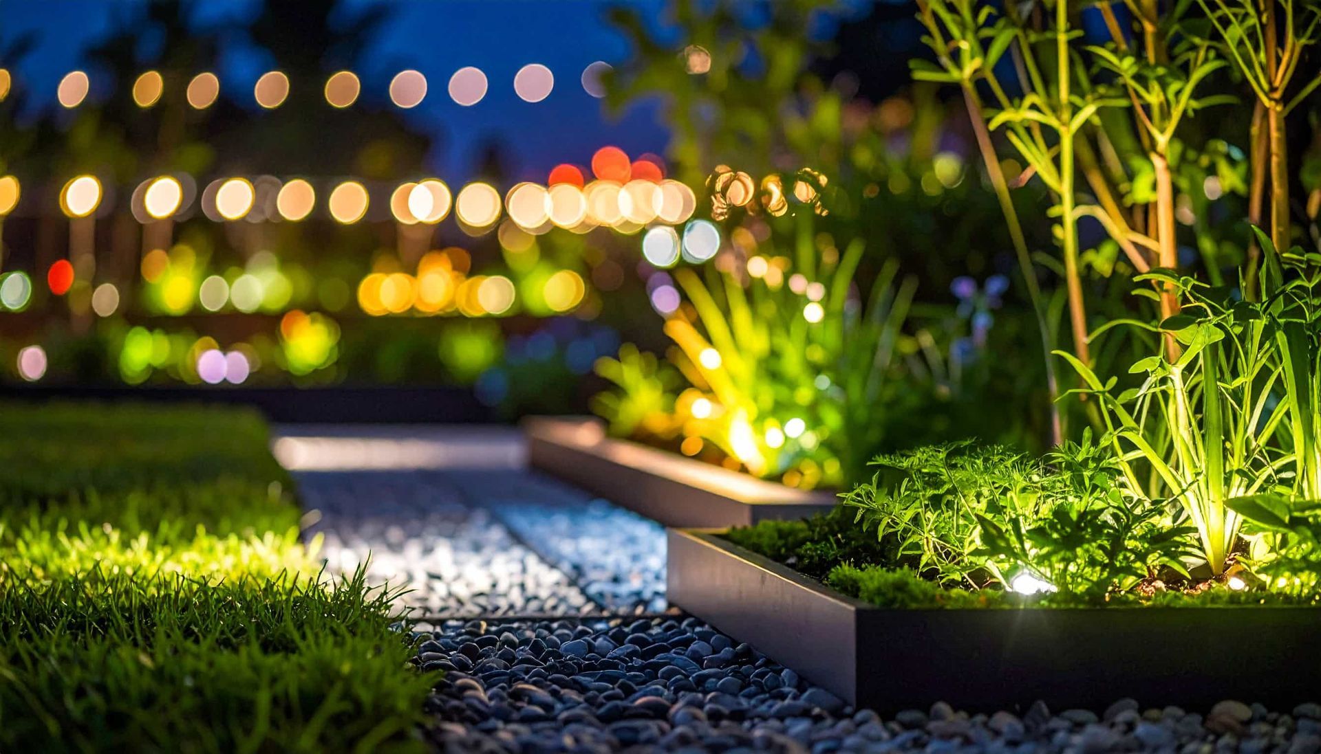Illuminated garden path with low shrubs, grass, and warm night lighting against a blurred city backdrop