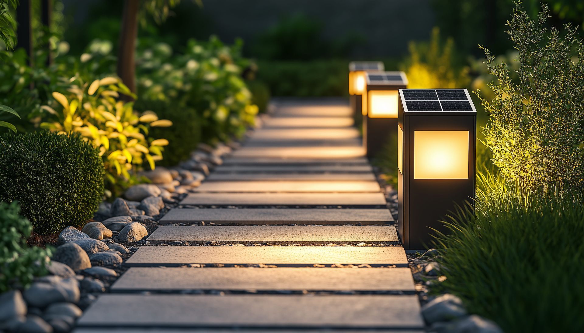 Lit garden path with square lanterns and stone edging at dusk