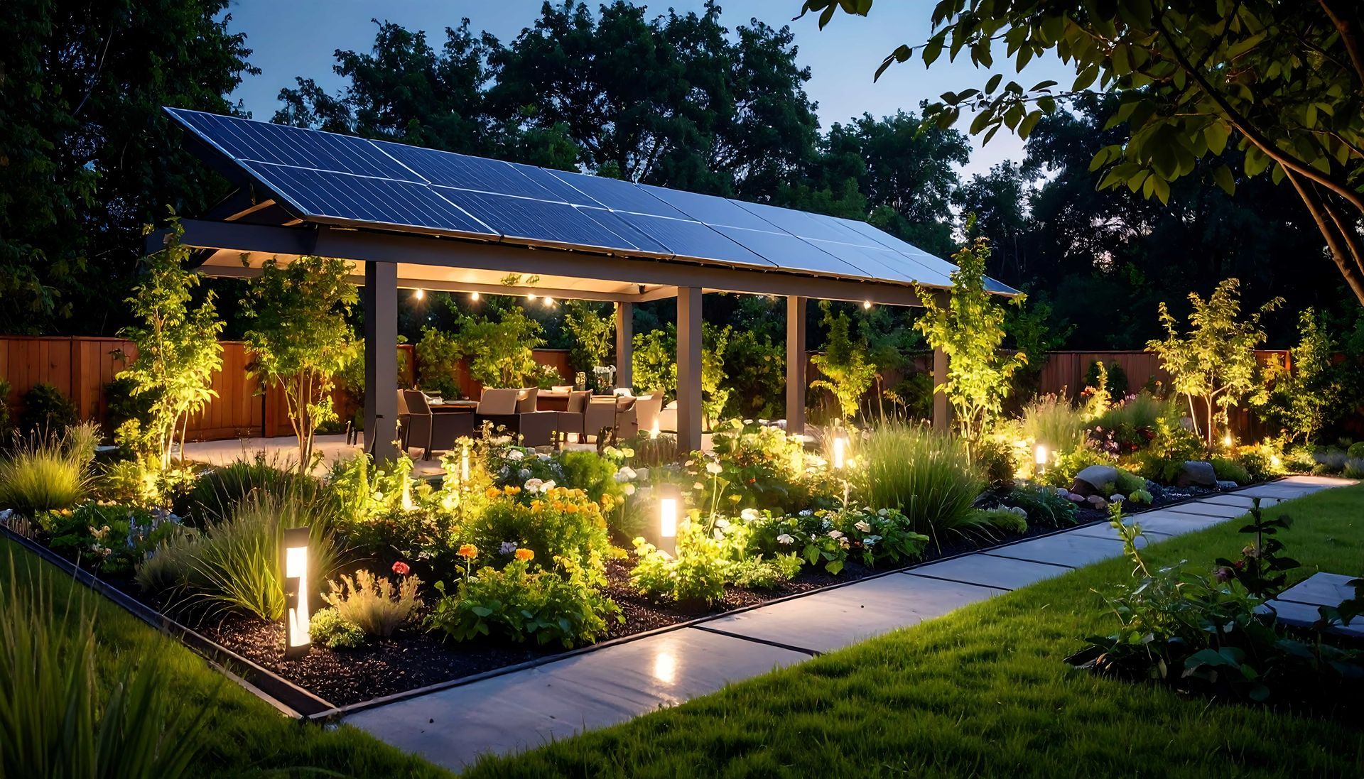 Illuminated garden pavilion with solar panels, surrounded by lush plants and pathway lights at dusk