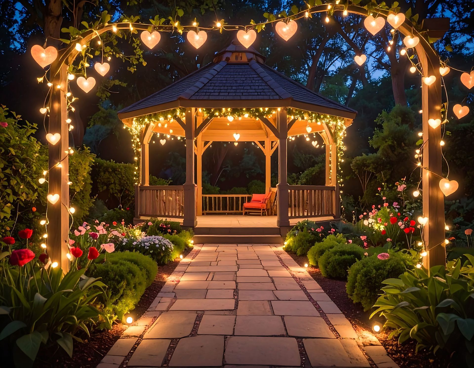 A lantern-lit garden gazebo at dusk, framed by heart-shaped lights and a stone path through flowers and greenery.