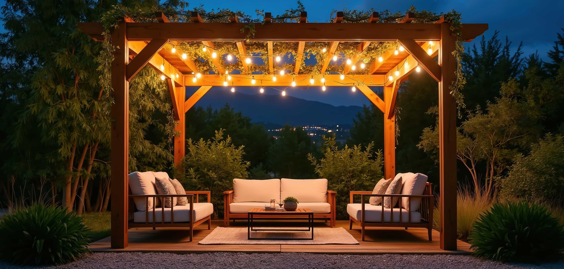 Cozy outdoor patio with string lights, a wooden pergola, sofa seating, and potted plants at dusk
