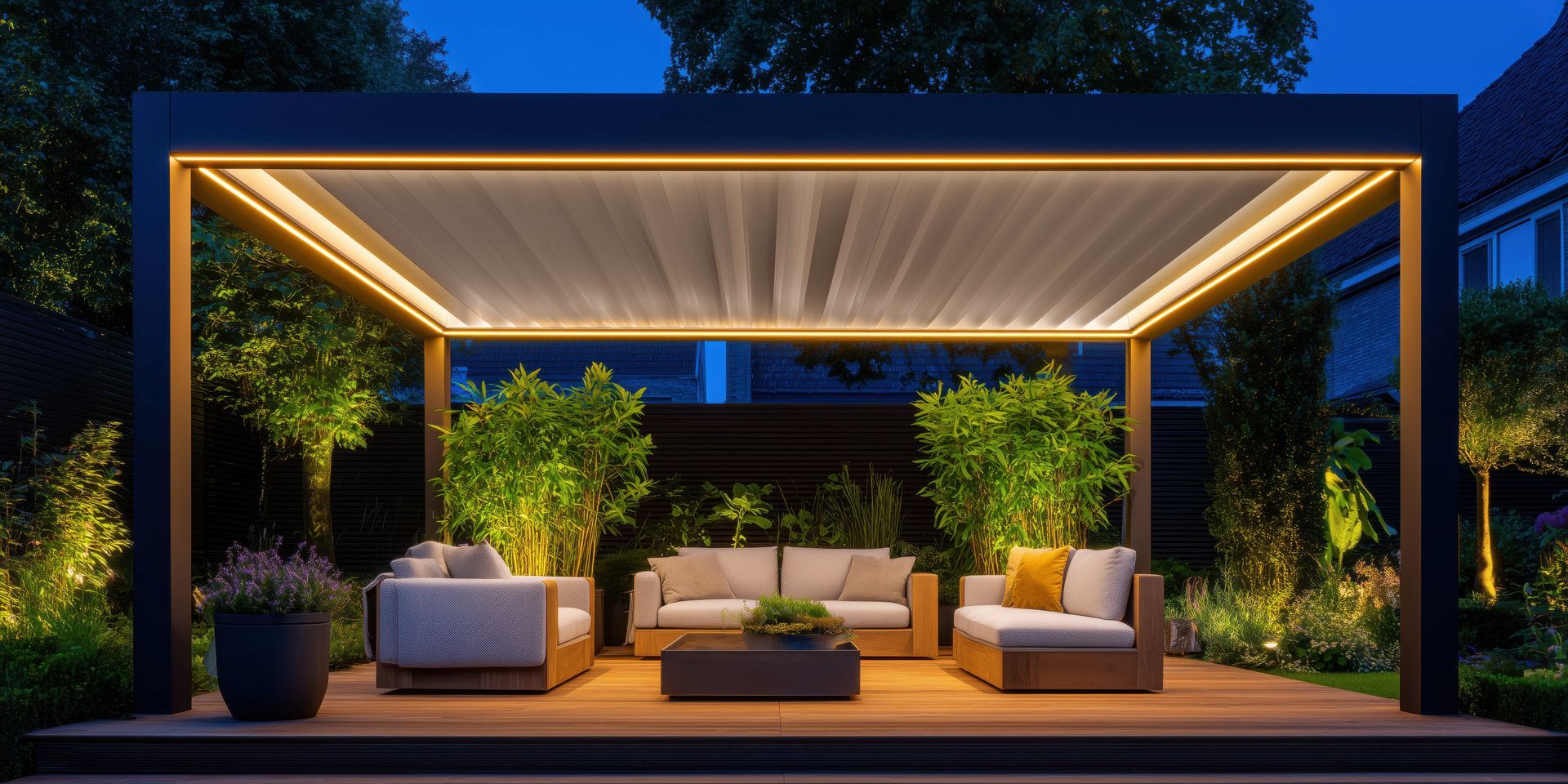 Modern outdoor patio with a lit pergola, sofas, potted plants, and a dining table at dusk