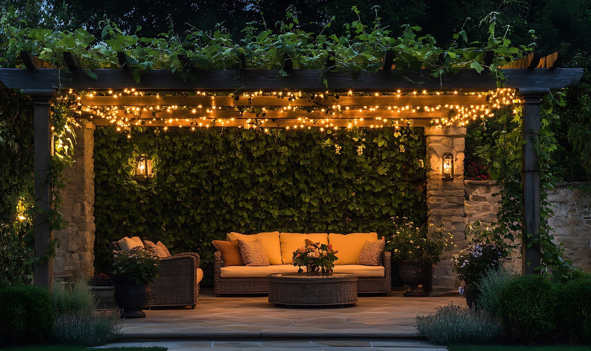 Cozy outdoor patio with warm string lights, a sofa, and lush green wall at dusk