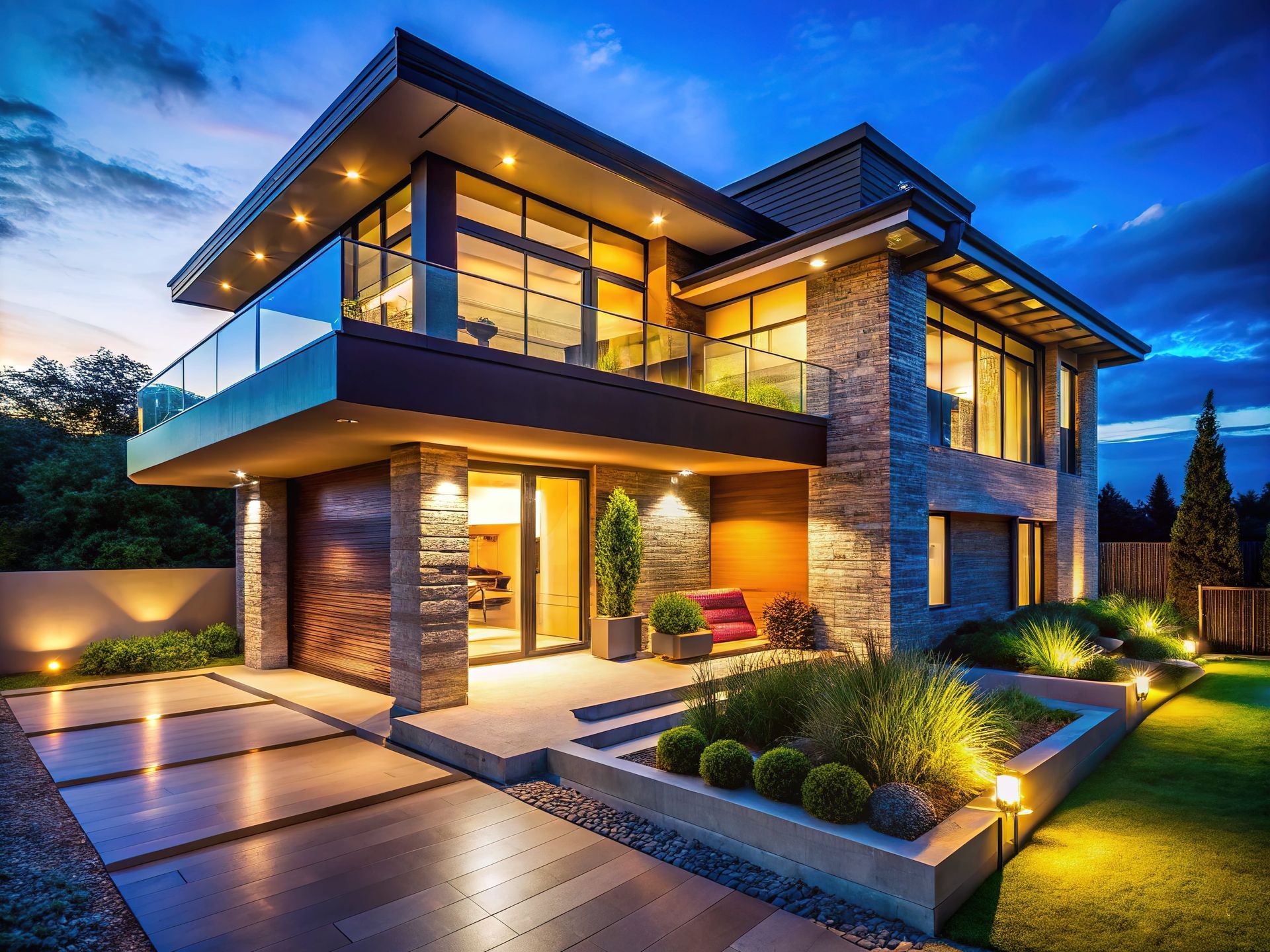 Modern two-story house with warm lights, stone facade, and landscaped yard at dusk