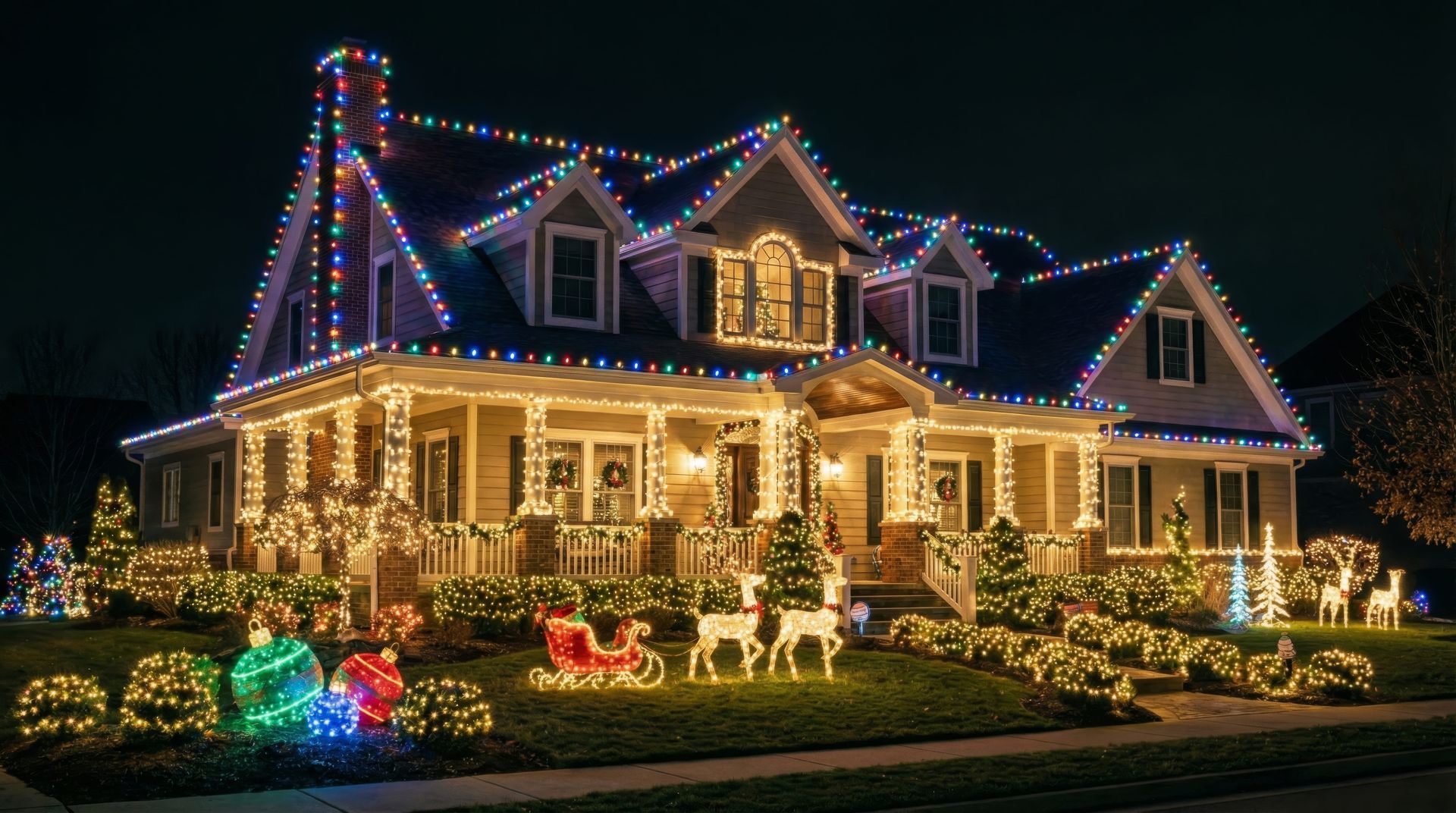 House covered in colorful Christmas lights, with glowing porch and yard decorations at night