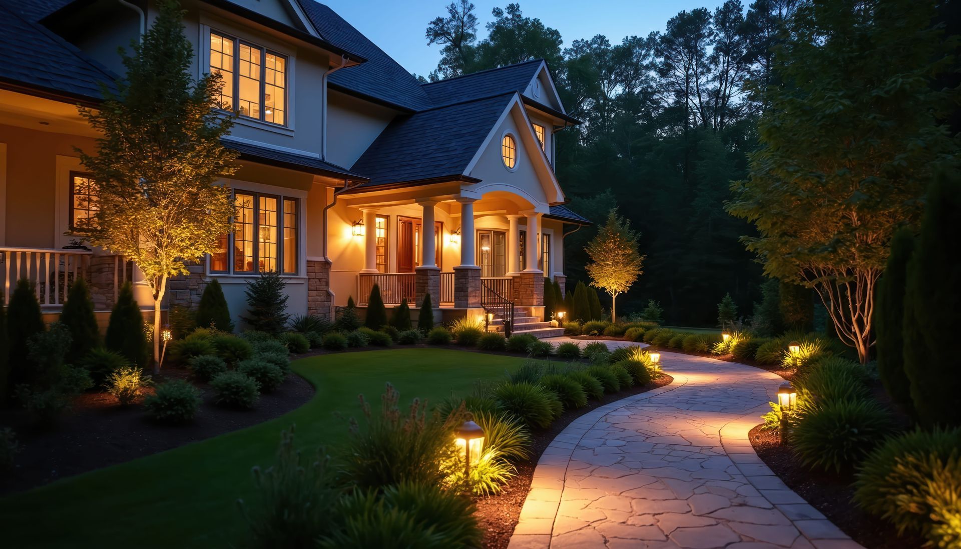 Illuminated suburban house at dusk with lit windows, warm porch lights, and a curved garden walkway