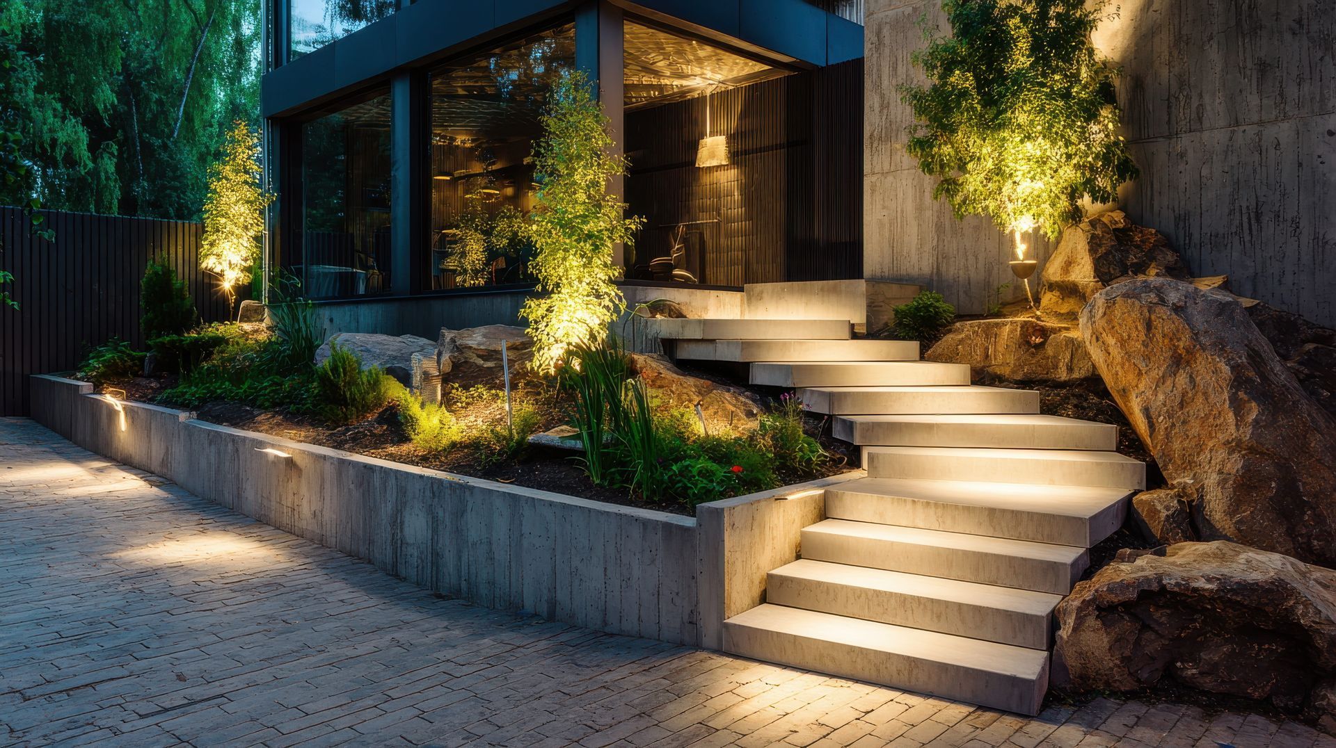 Modern house exterior at dusk with illuminated stone steps, landscaped plants, and a concrete retaining wall