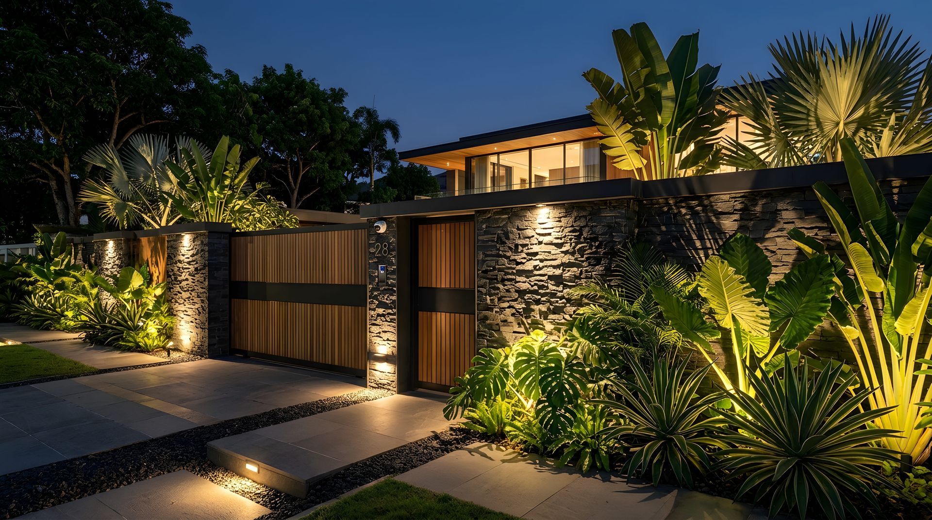 Modern house at night with lit stone wall, wooden gate, and tropical landscaping