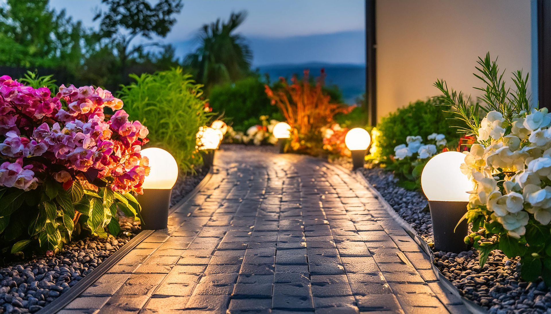 Lit stone pathway through a garden with glowing lamps and pink and white flowers at dusk