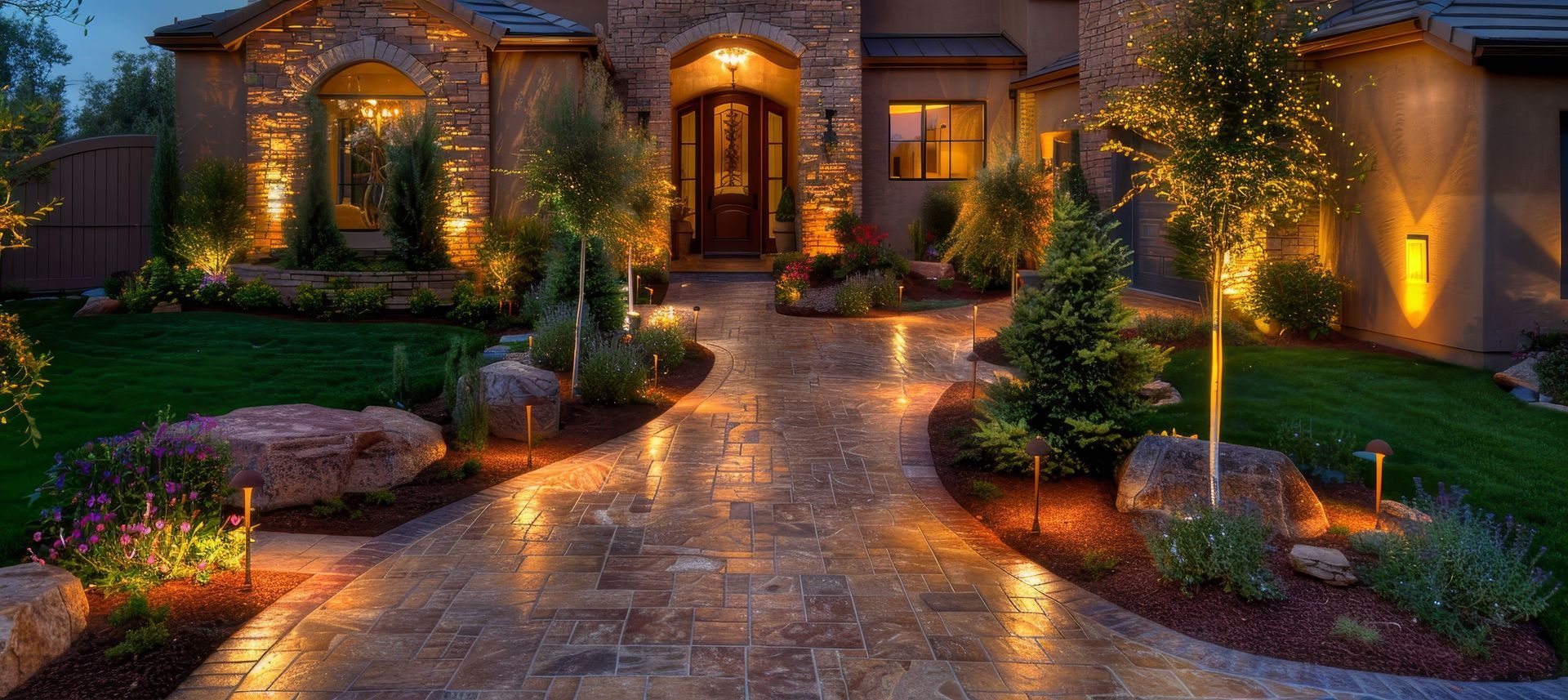 Warmly lit stone house entrance with landscaped garden and glowing pathway at dusk