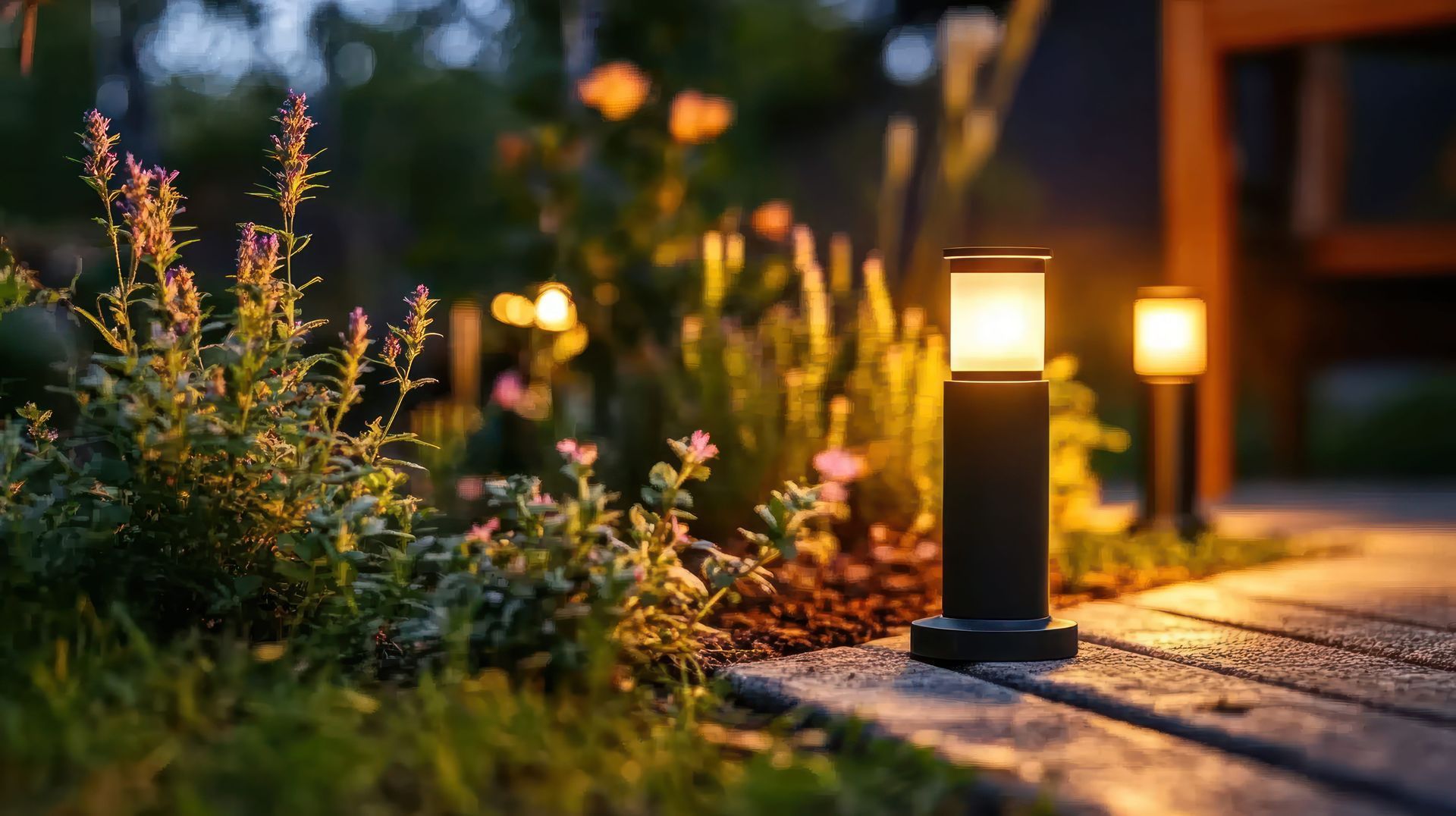 Outdoor garden path lit by warm lanterns at dusk, with flowers and soft bokeh lights.