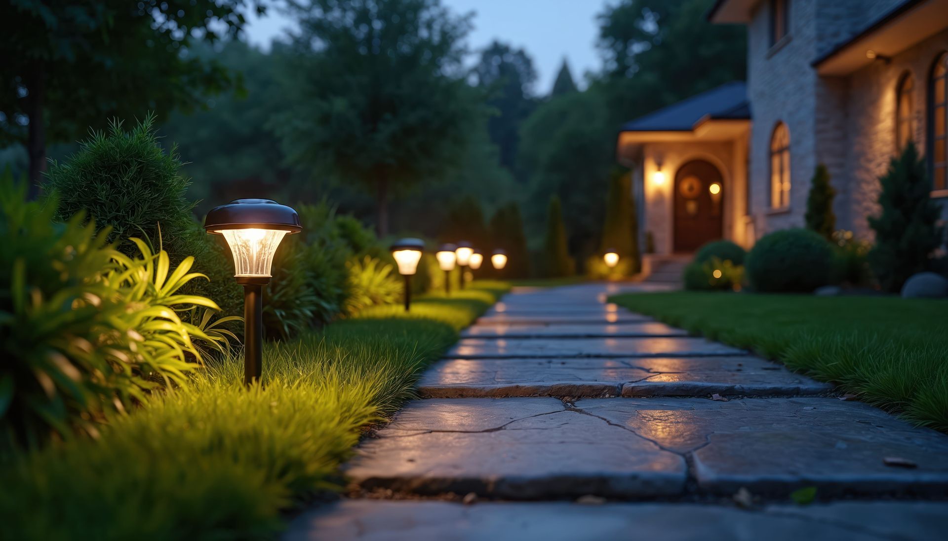 Lit garden path beside a house at dusk, with glowing lanterns and lush greenery