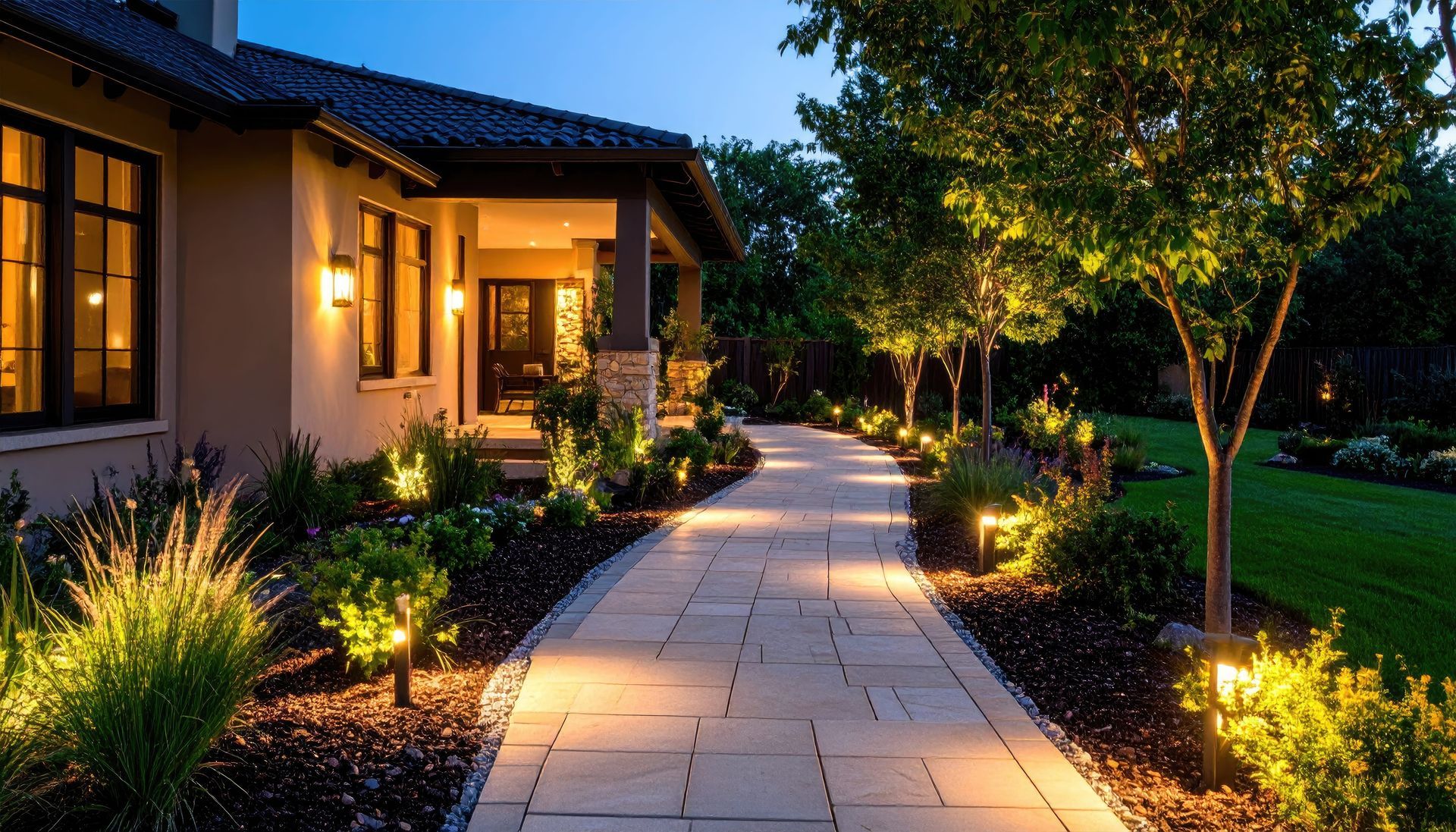 Garden walkway beside a warmly lit house at dusk, lined with plants and trees