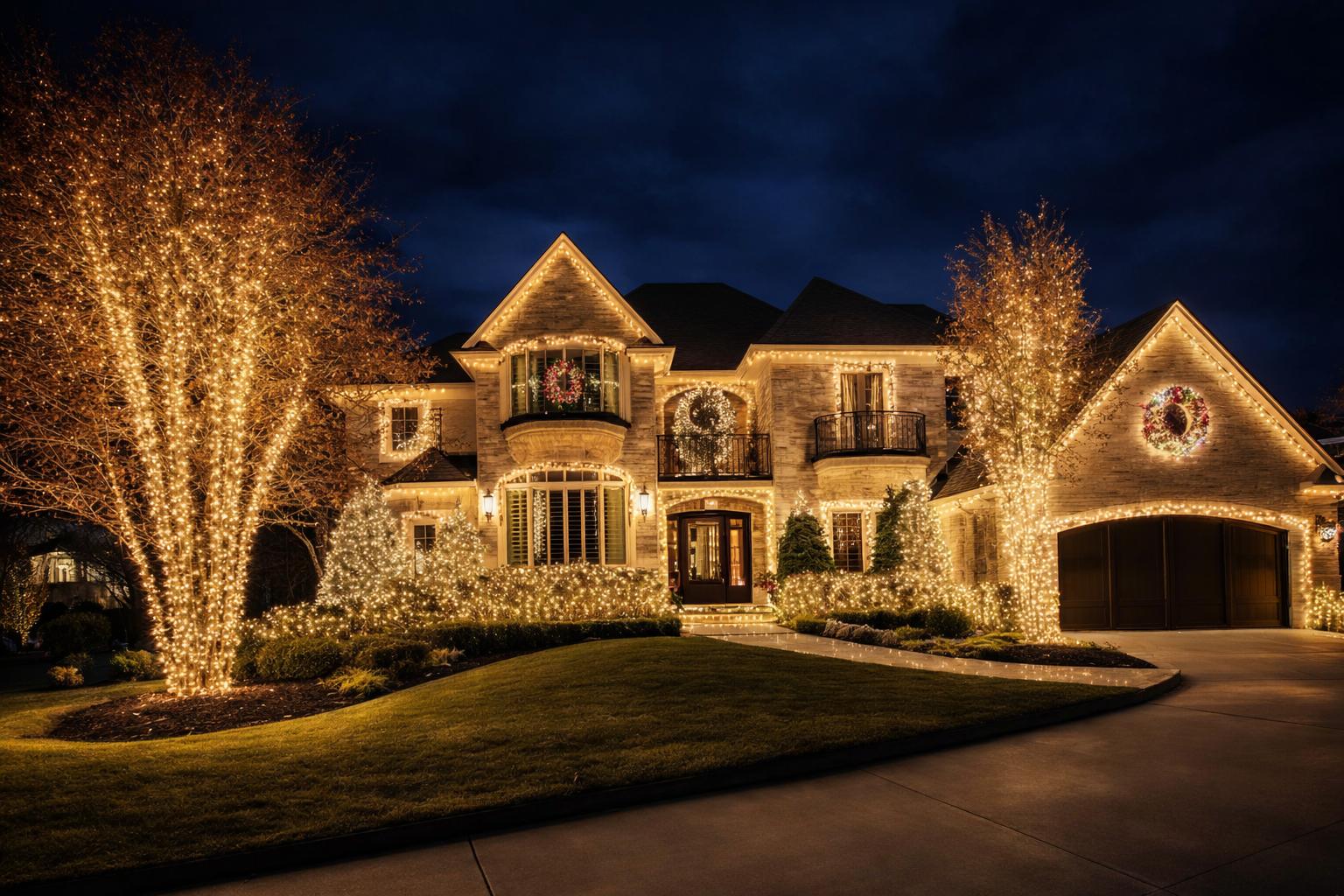 Elegant house covered in warm holiday lights at night, with illuminated trees and driveway