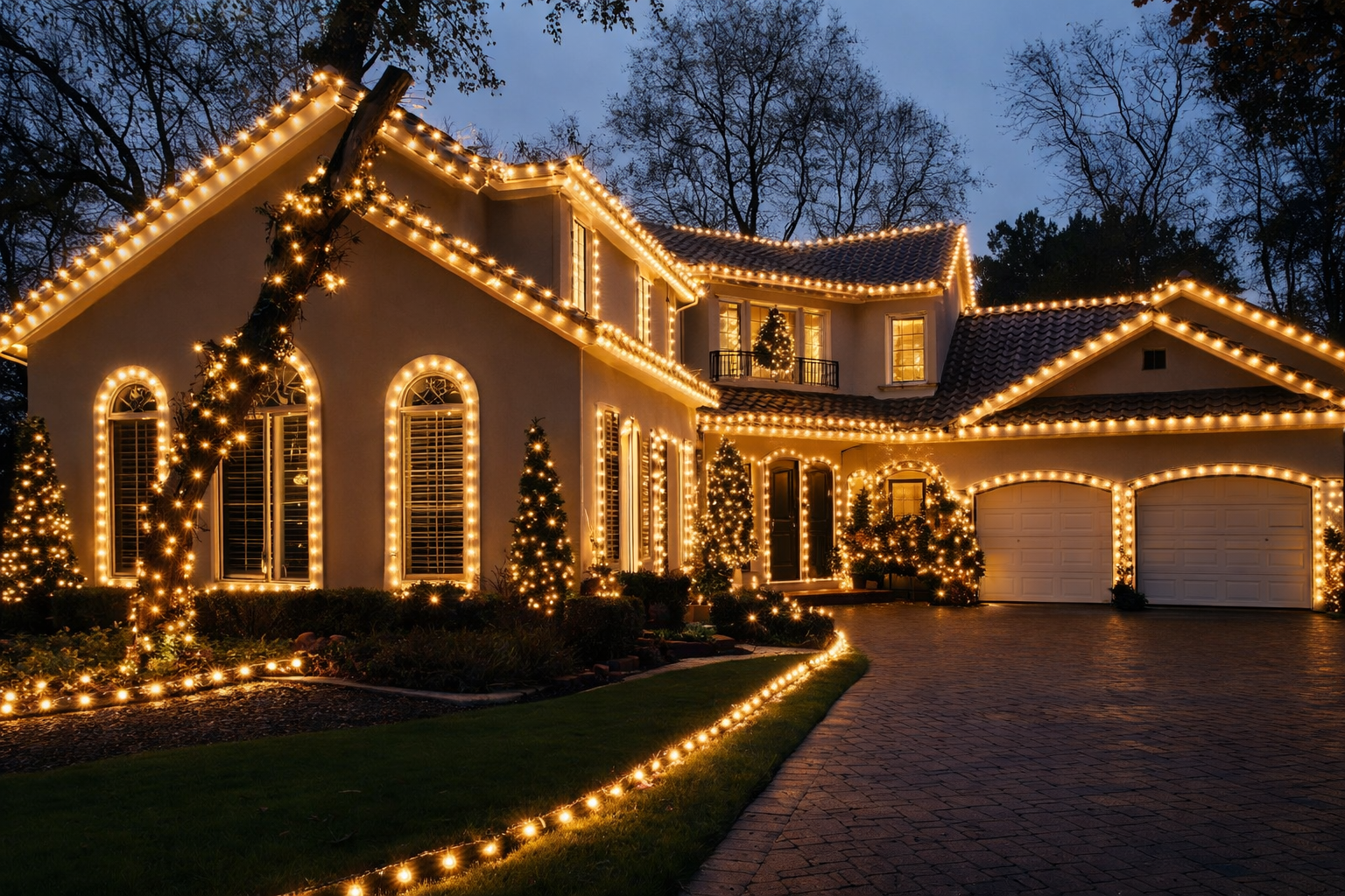 House outlined with warm white holiday lights at dusk, with lit windows and a double garage in the driveway.