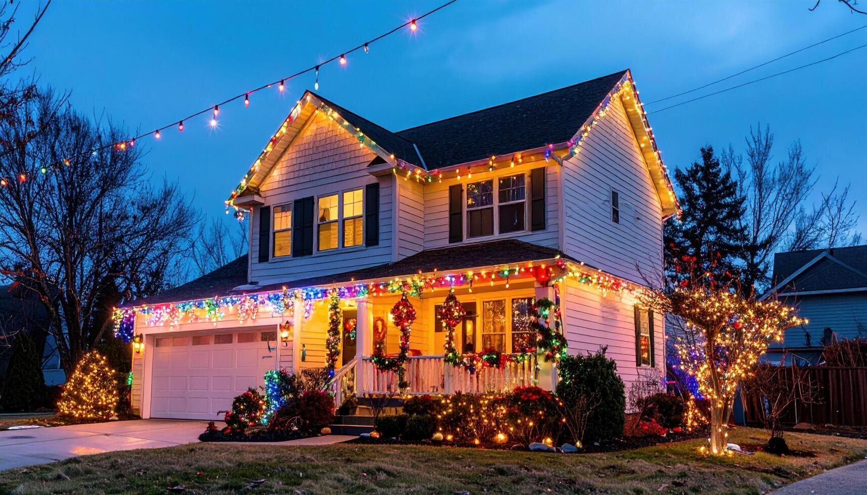 Two-story house glowing with colorful Christmas lights at dusk, with decorated trees and a lit garage.