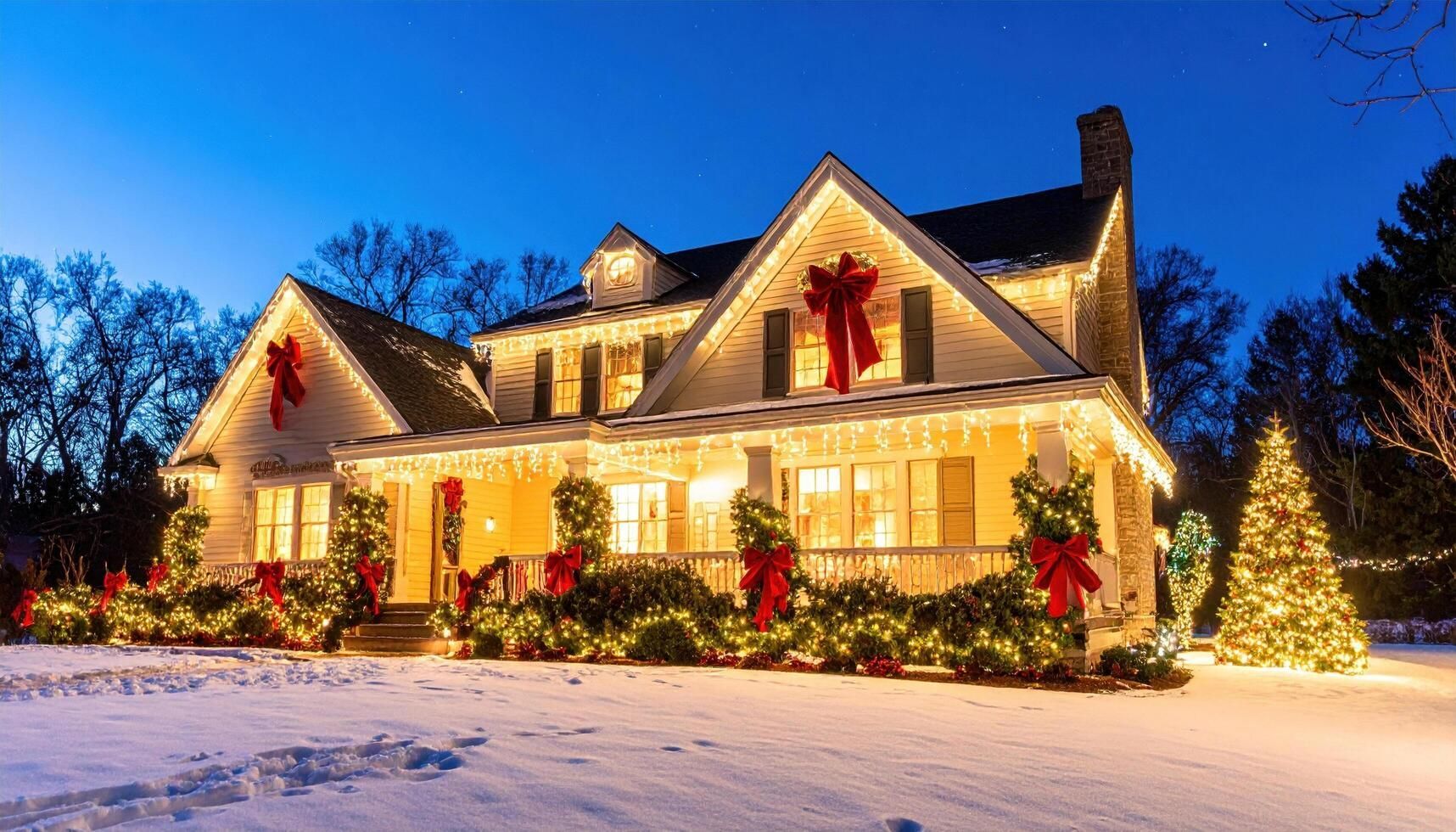 Snow-covered house glowing with warm holiday lights, red bows, and a decorated Christmas tree at night