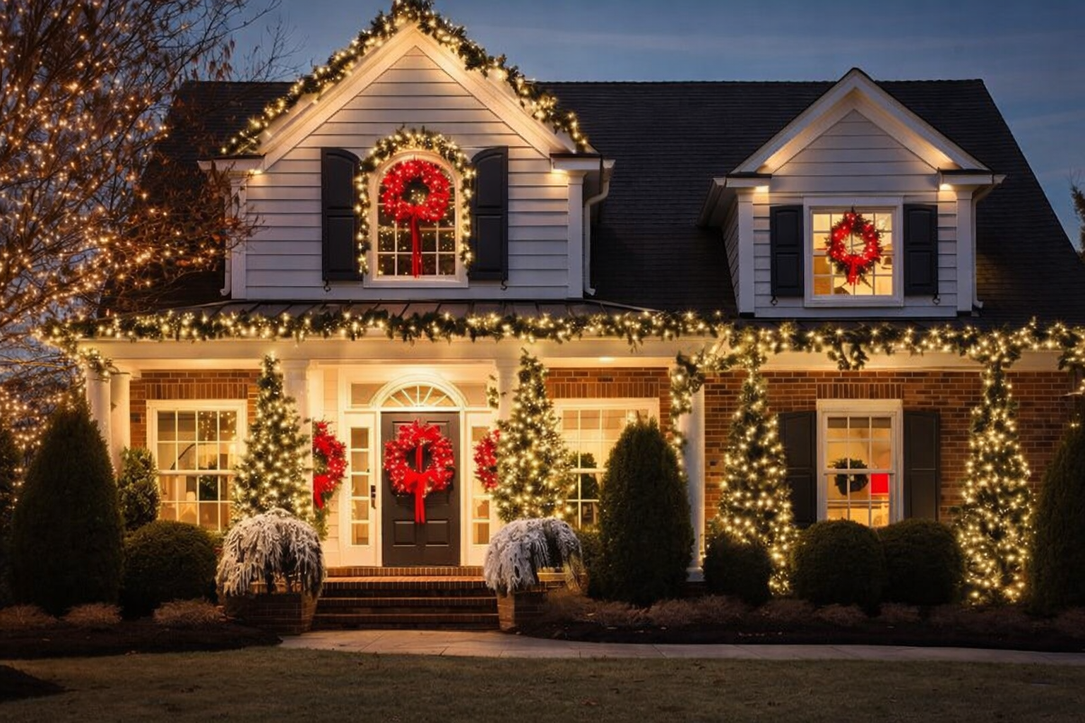 House decorated with glowing Christmas wreaths and lights at night.