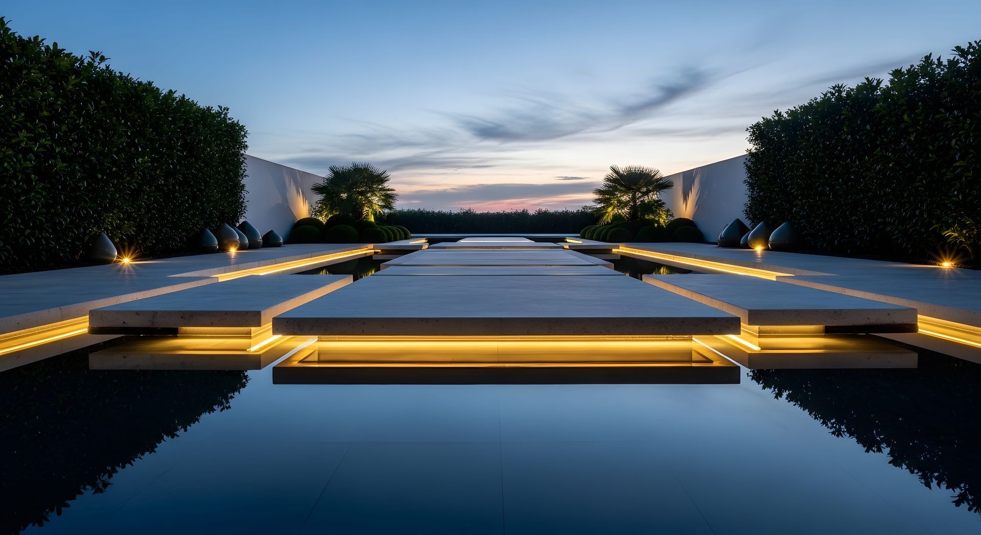 Modern reflecting pool at dusk with illuminated stone walkways and trimmed hedges, leading to a sunset horizon