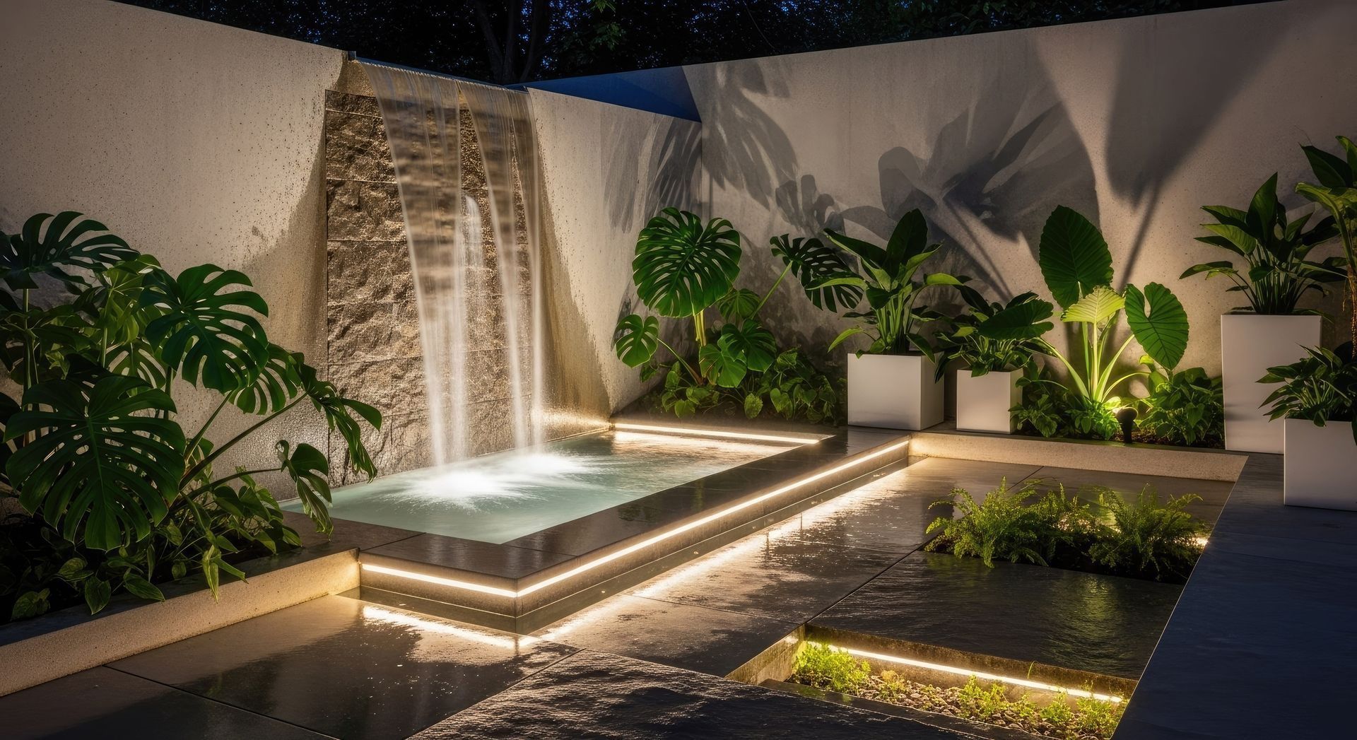 Modern garden courtyard with lit waterfall, reflecting pool, and lush tropical plants at night