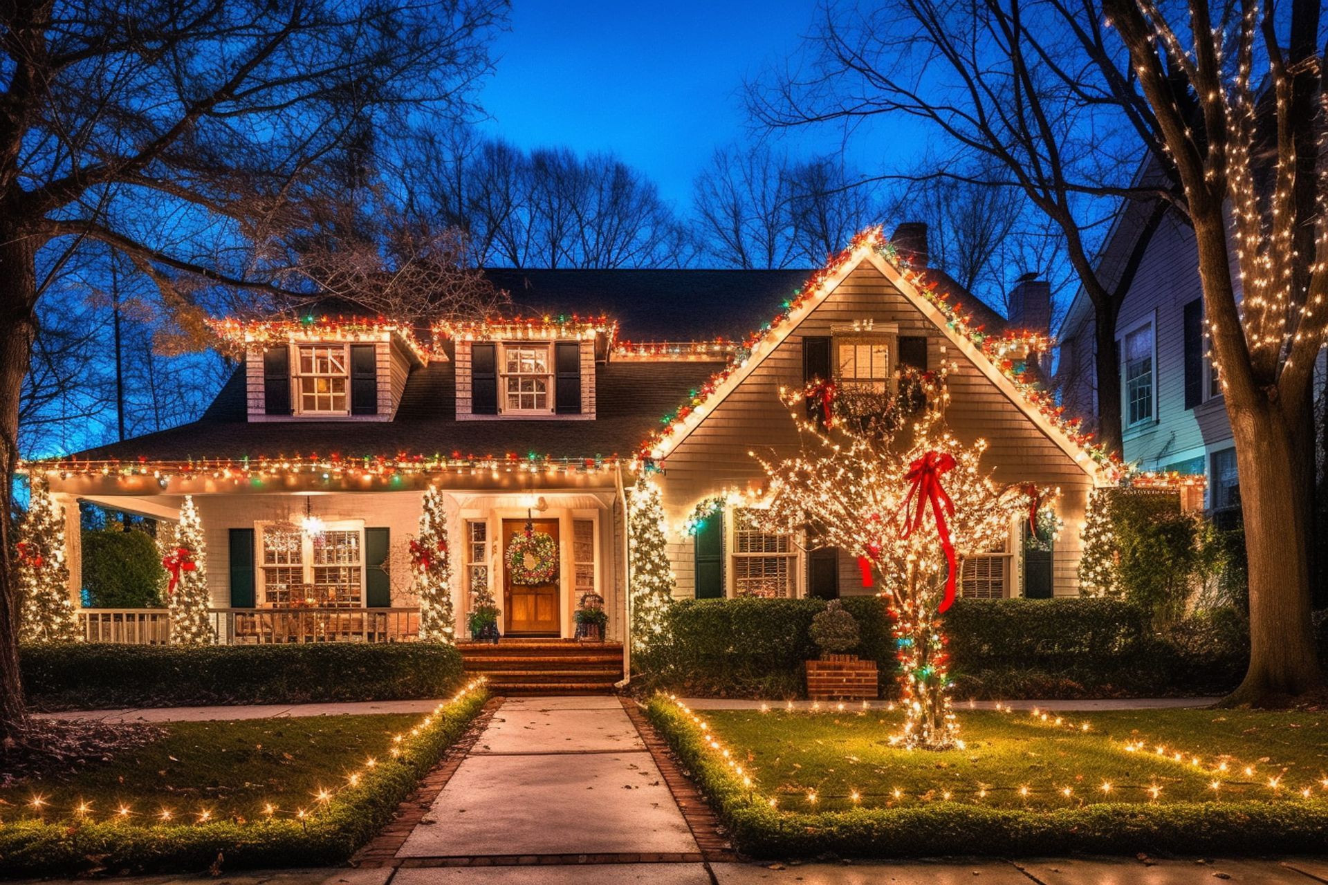 House decorated with Christmas lights, wreaths, and a glowing front yard at night.